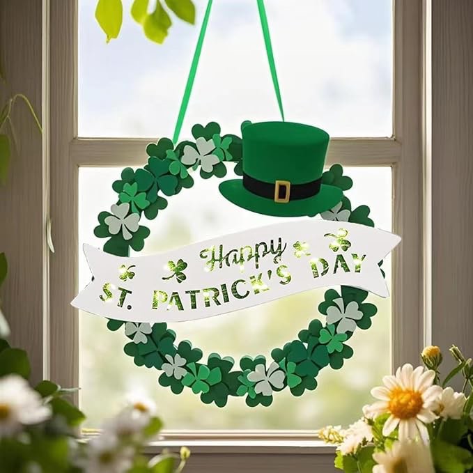 lighted st. patrick’s day wreath for front door, battery operated shamrock wreaths with timer, wooden foldable wreath with magnetic word signs