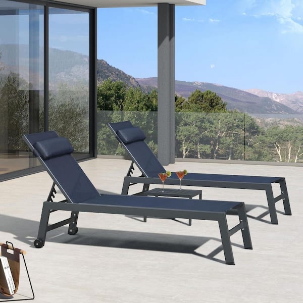 Black Frame Lounge of 3-Pieces Aluminum Outdoor Chaise Lounge with Cushion and Side Table, Navy Blue