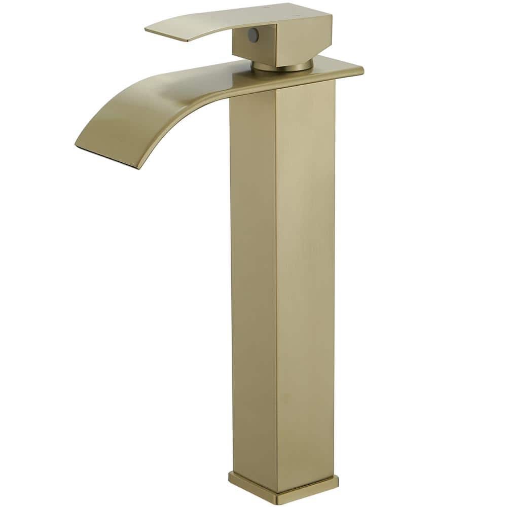 Signs of previous installation. Waterfall Single Hole Single Handle Bathroom Vessel Sink Faucet With Supply Hose in Brushed Gold