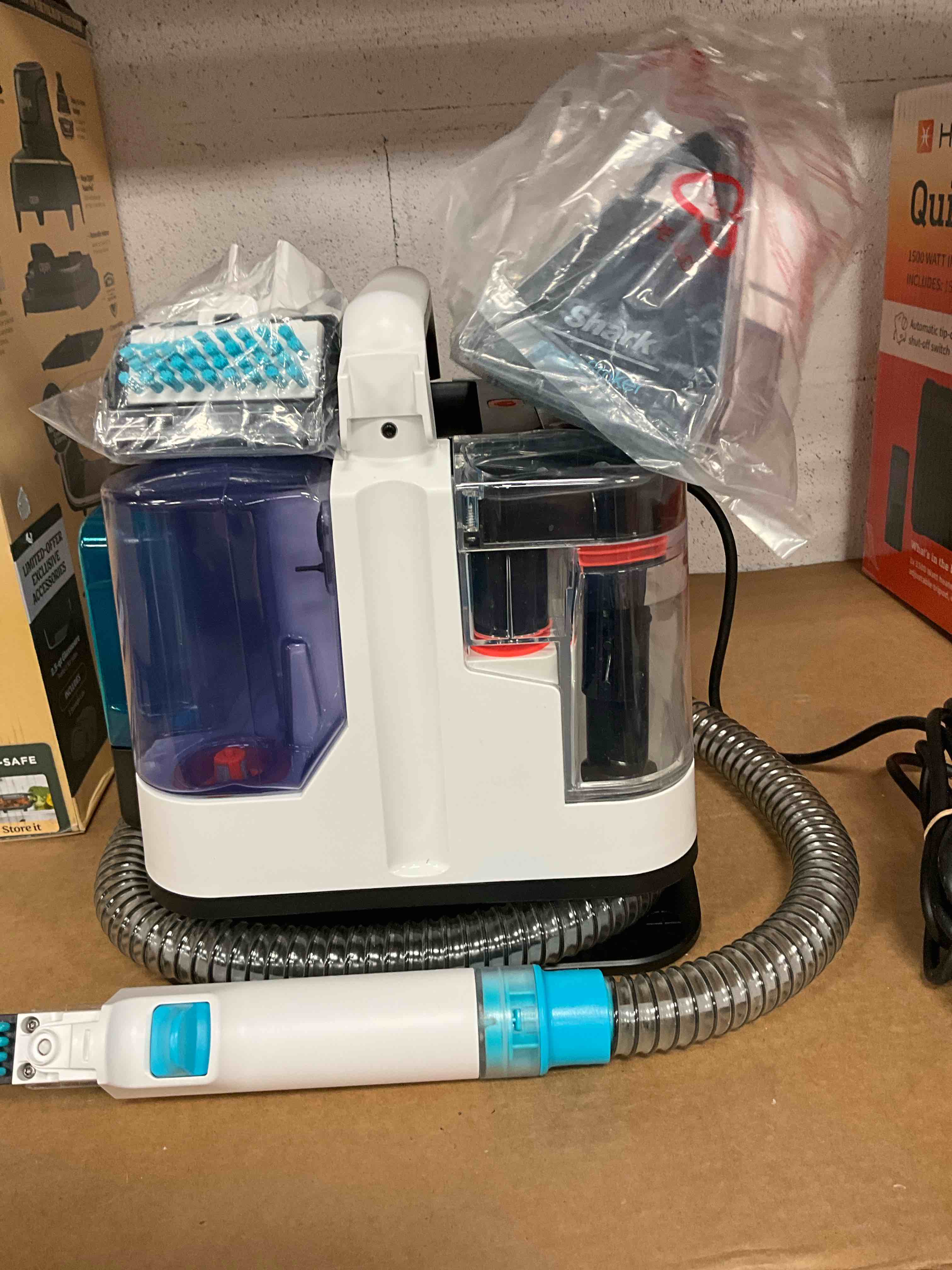 Condition photo showing Good Condition for Shark StainStriker Portable Carpet, Upholstery & Area Rug Cleaner with Pet Mess Tool, Stain & Odor Remover, Perfect for Car Interiors, Includes 3 Cleaning Tools & Cleaning Solution, White, PX201