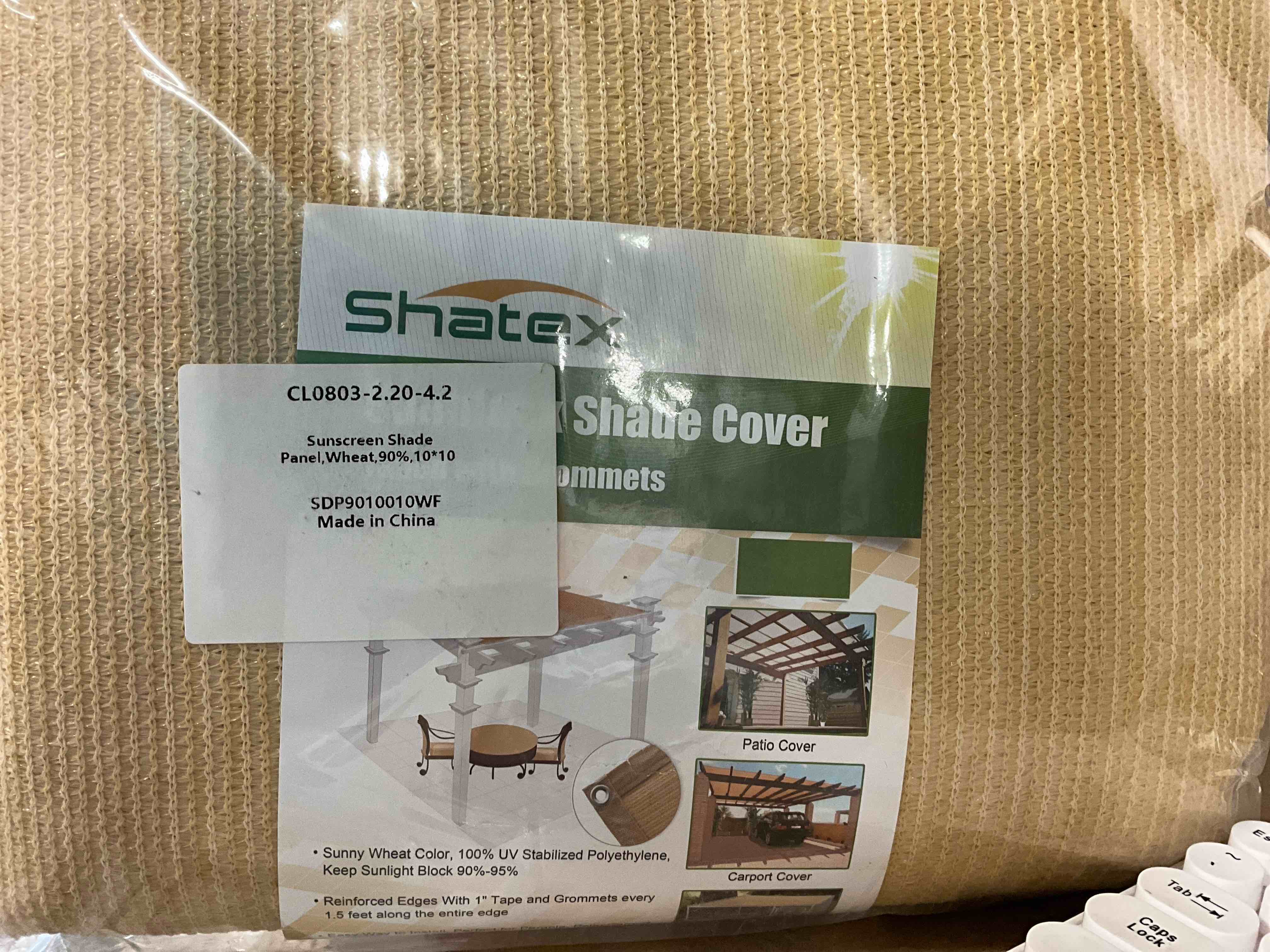 Condition photo showing New/Like New for 10 ft. x 10 ft. 90% Sun Shade Cloth Taped Edge with Grommets for Pergola Cover Canopy, Wheat (12-Bungee Balls)