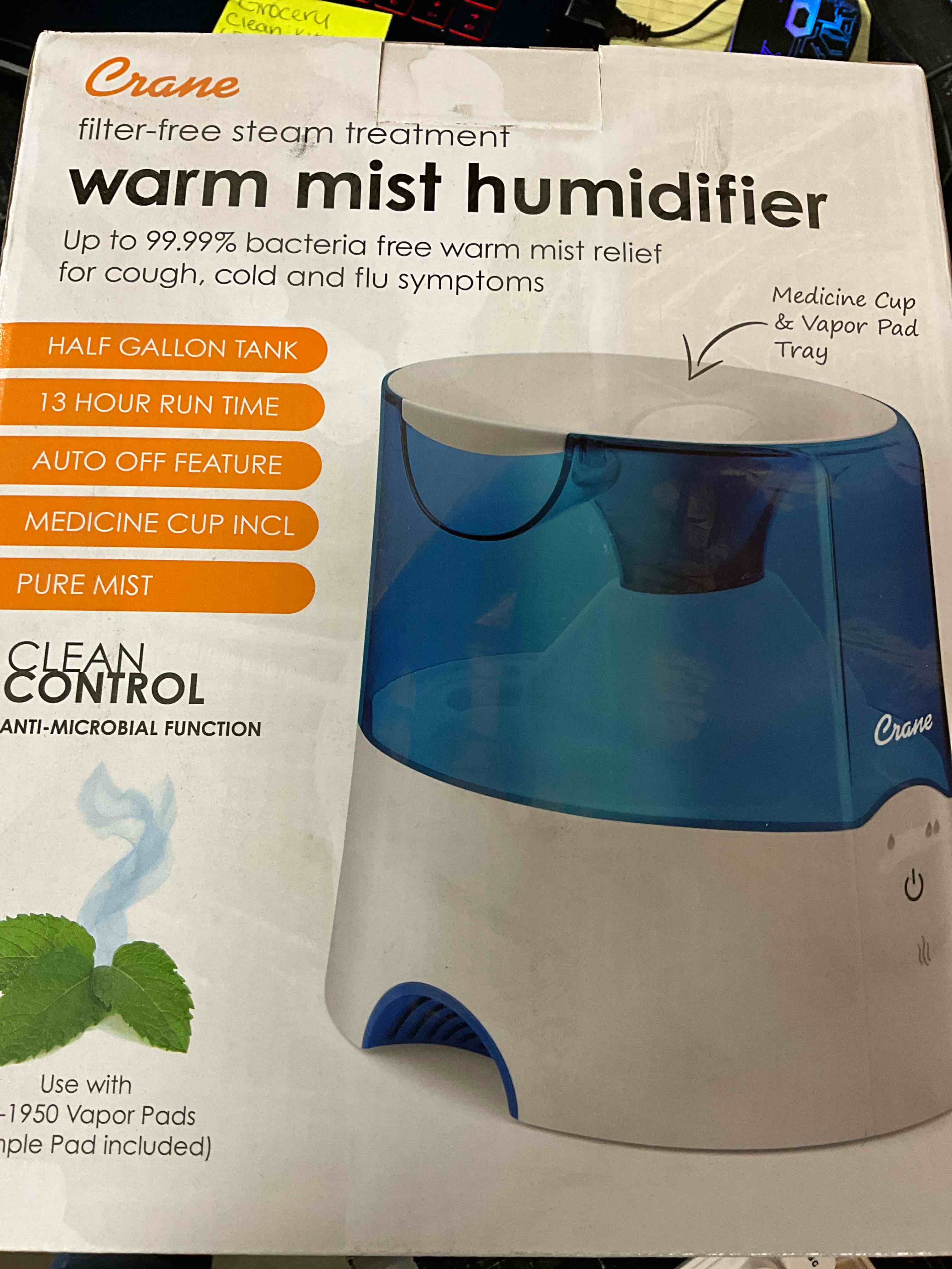 Condition photo showing New/Like New for Crane Warm Mist Humidifier, 0.5 Gallon, Germ Free Mist, Air Humidifier for Home Bedroom and Office, Blue & White 