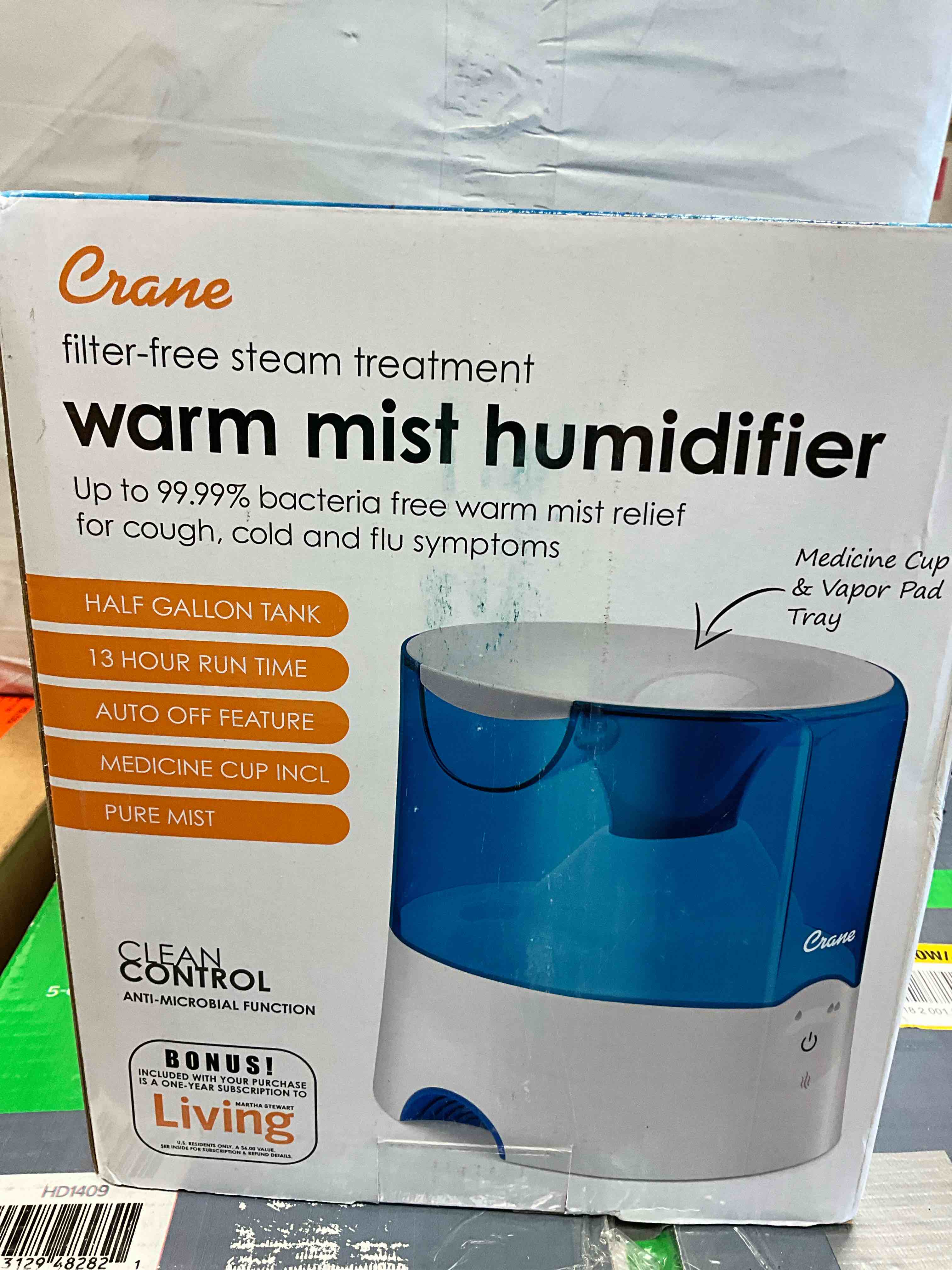 Condition photo showing New/Like New for Crane Warm Mist Humidifier, 0.5 Gallon, Germ Free Mist, Air Humidifier for Home Bedroom and Office, Blue & White (Pack of 2)