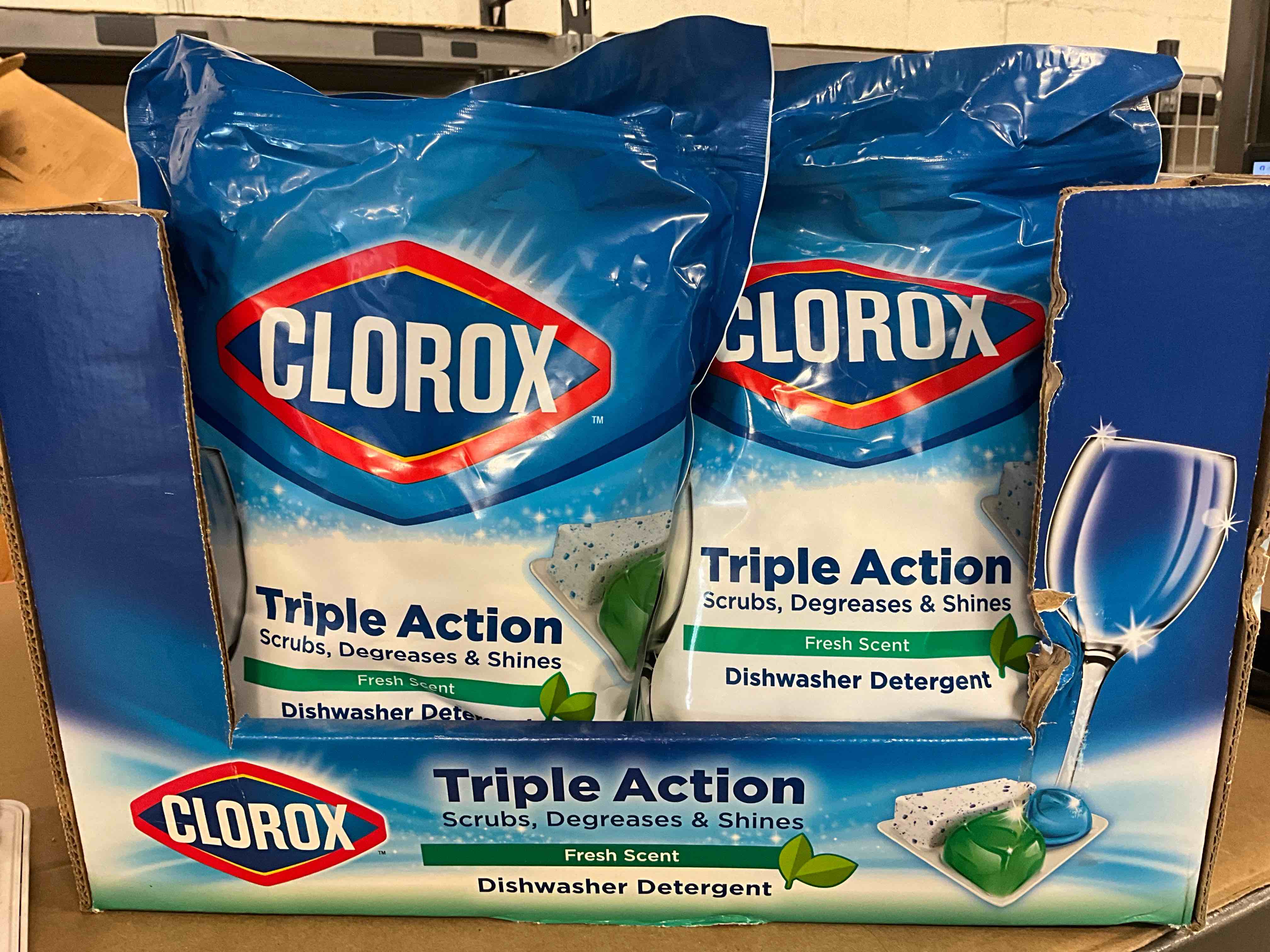 Condition photo showing Brand New for 6 pack- clorox triple action dishwasher detergent pacs, 92 count dishwashing pacs, fresh scent