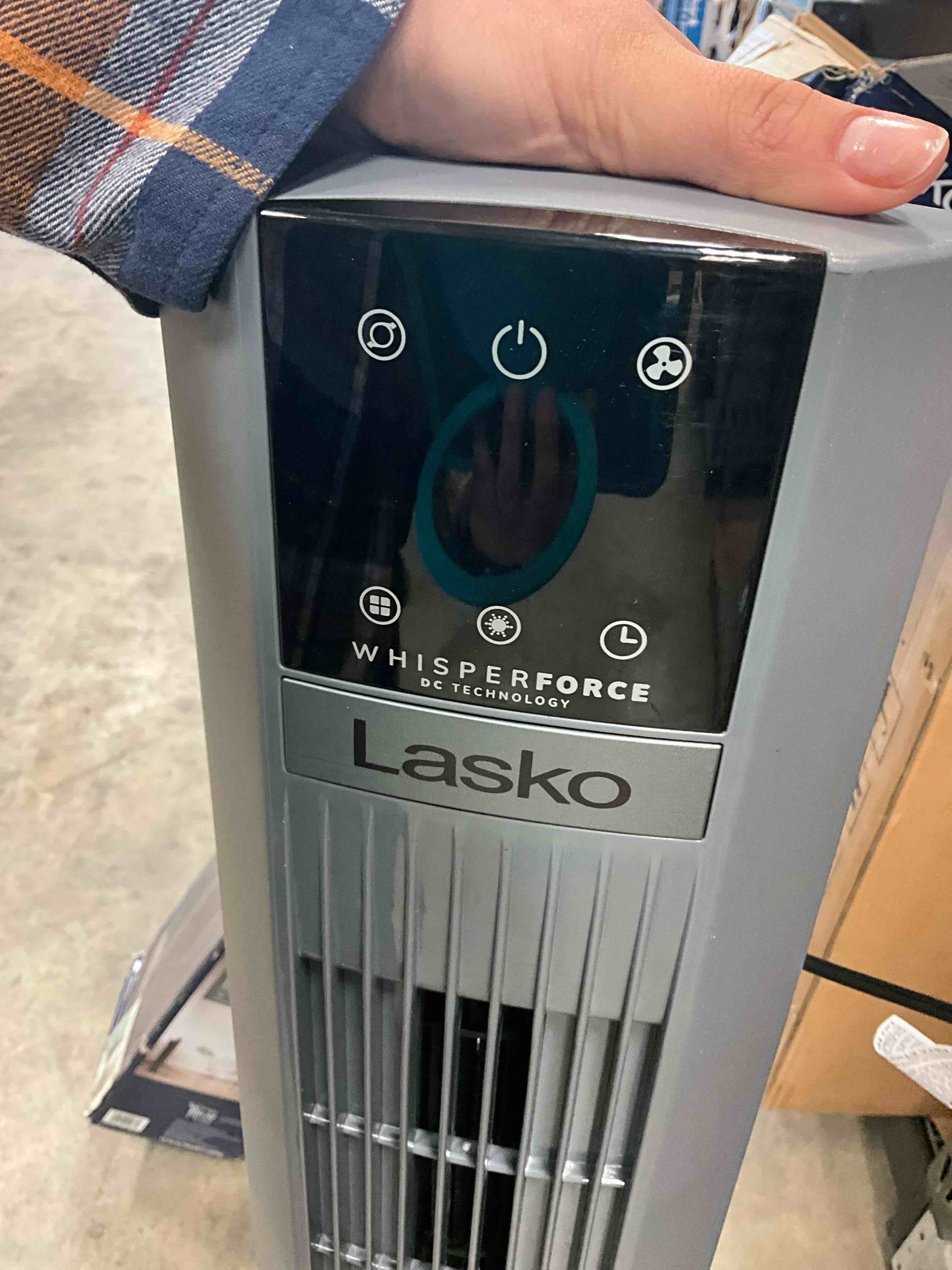 Condition photo showing Good Condition for missing remote. working condition verified. xtra air 48 in. 12-speed smart tower fan in gray w/ dc motor, works w/ alexa, google, whisper quiet, remote, 12 in. dia