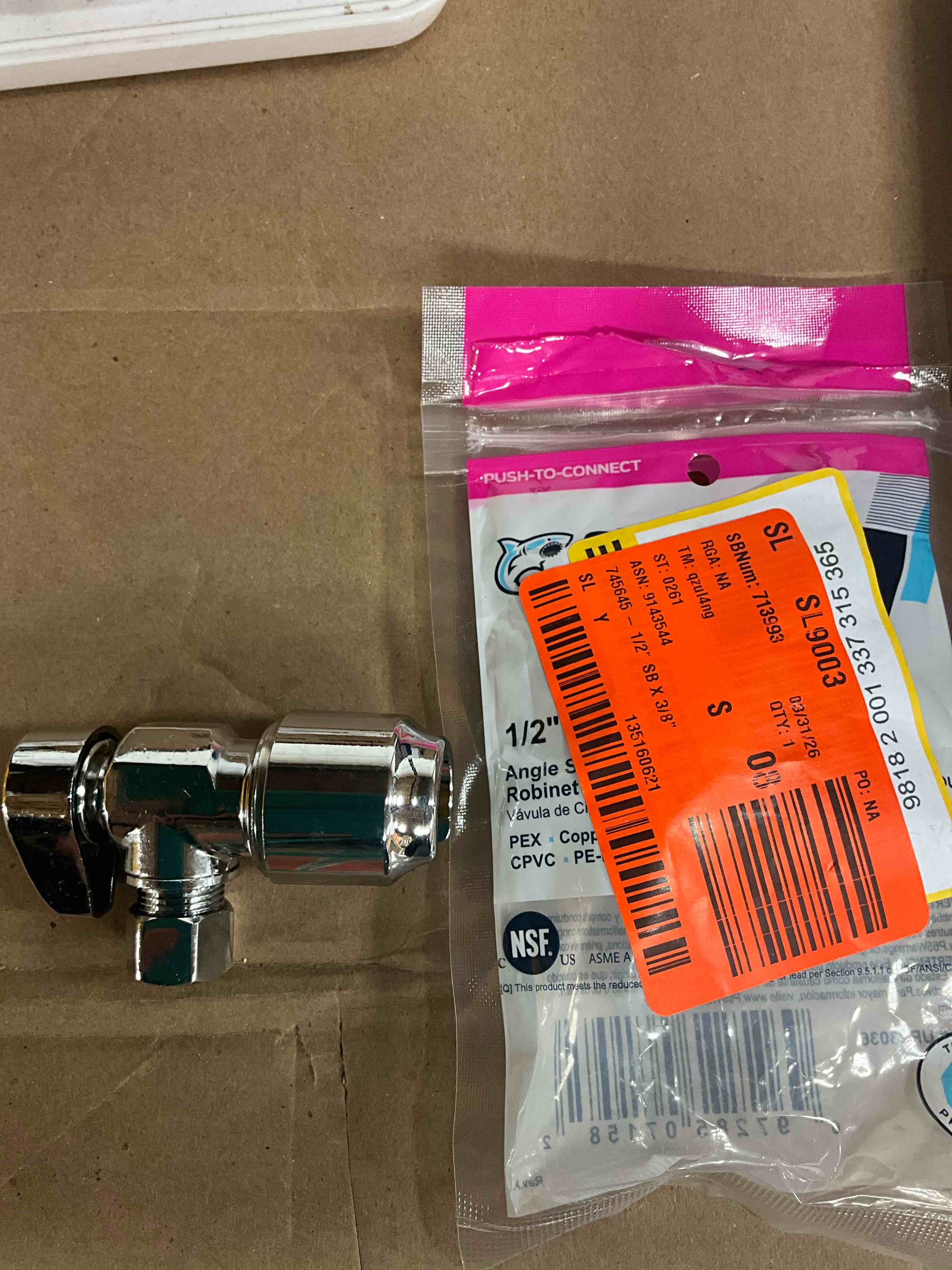 Condition photo showing New/Like New for sharkbite max 1/2 x 3/8 inch compression angle stop valve, quarter turn, push to connect brass plumbing fitting, pex pipe, copper, cpvc, pe-rt, hdpe, ur23036 1/2 in. x 3/8 in. compression sharkbite max