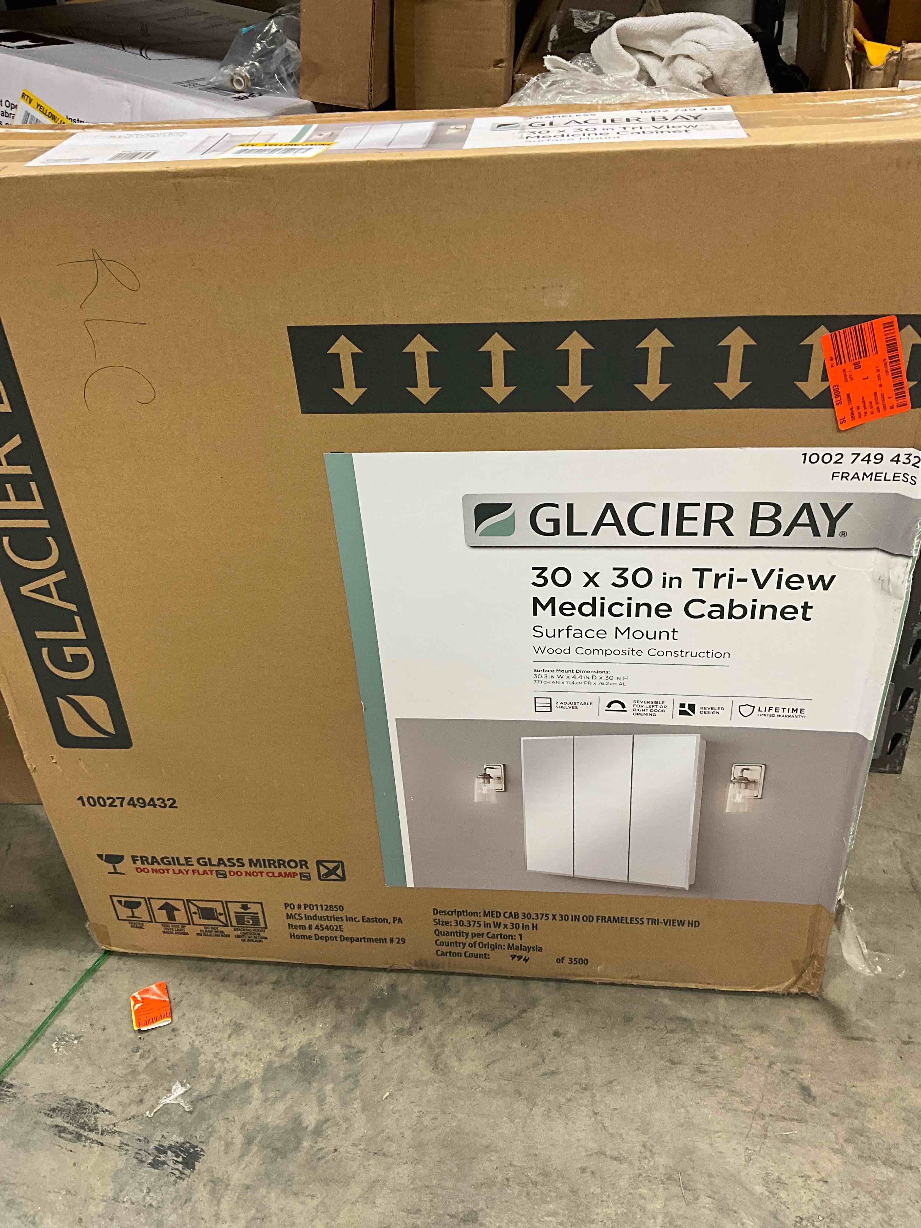 Condition photo showing Good Condition for 2 chips is glass. glacier bay 30.4 in. w x 30.2 in. h rectangular medicine cabinet with mirror in white with adjustable shelves