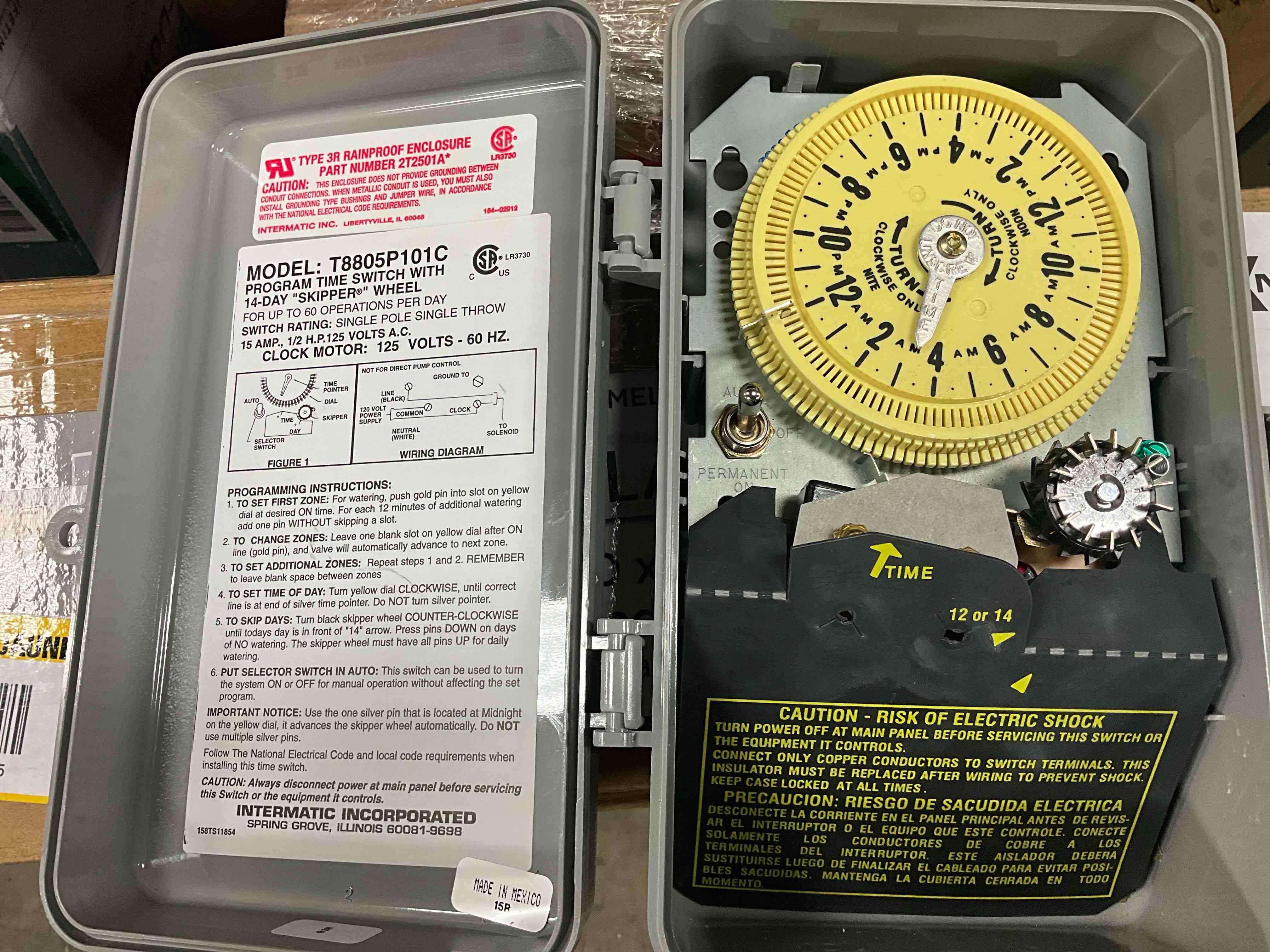 Condition photo showing Good Condition for intermatic t8805p101c spst 125-volt mechanical cycle and irrigation timer switch with 14 day skipper and 3r plastic indoor/outdoor enclosure
