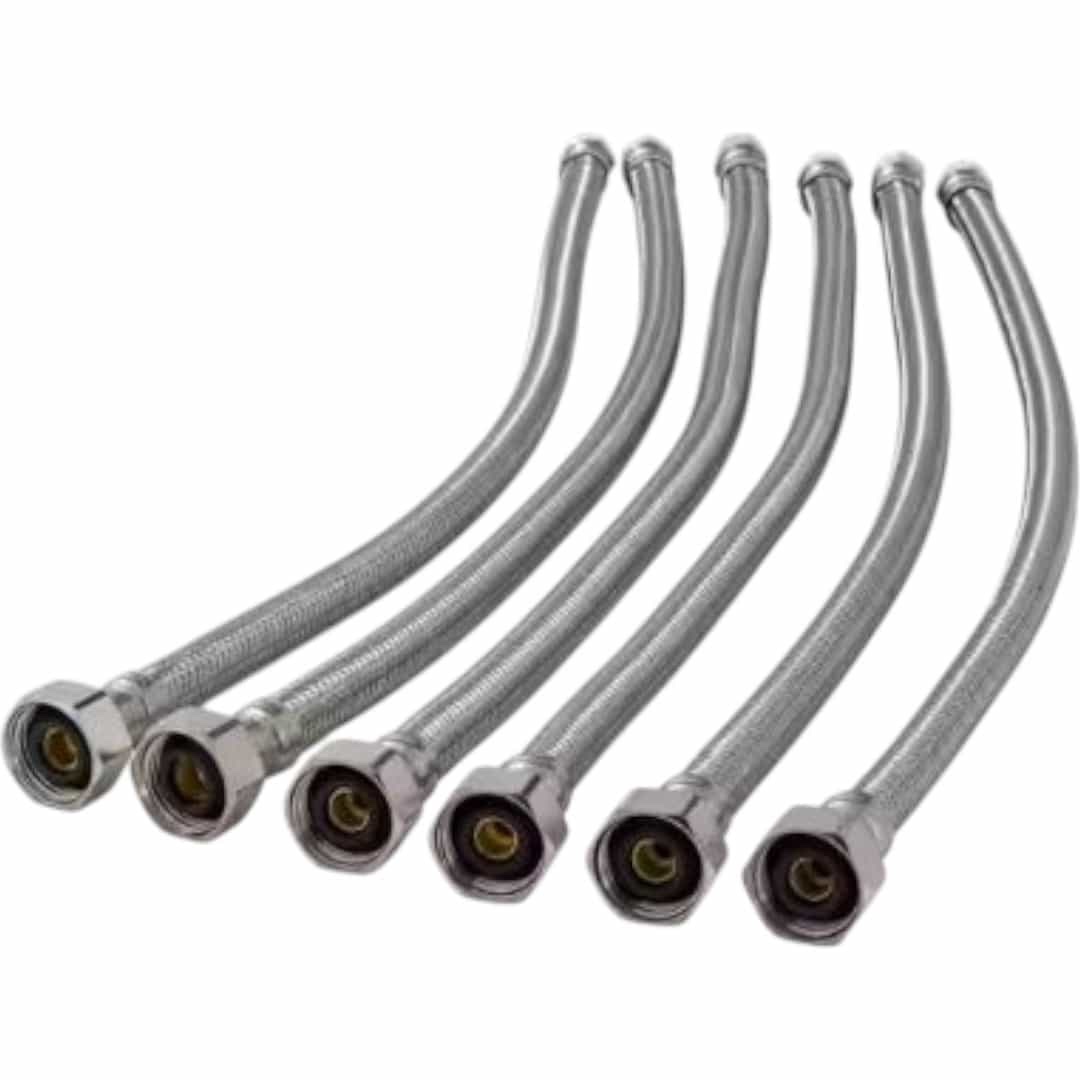 6 pack of Proline stainless steel faucet supply lines, model number 496-003P6