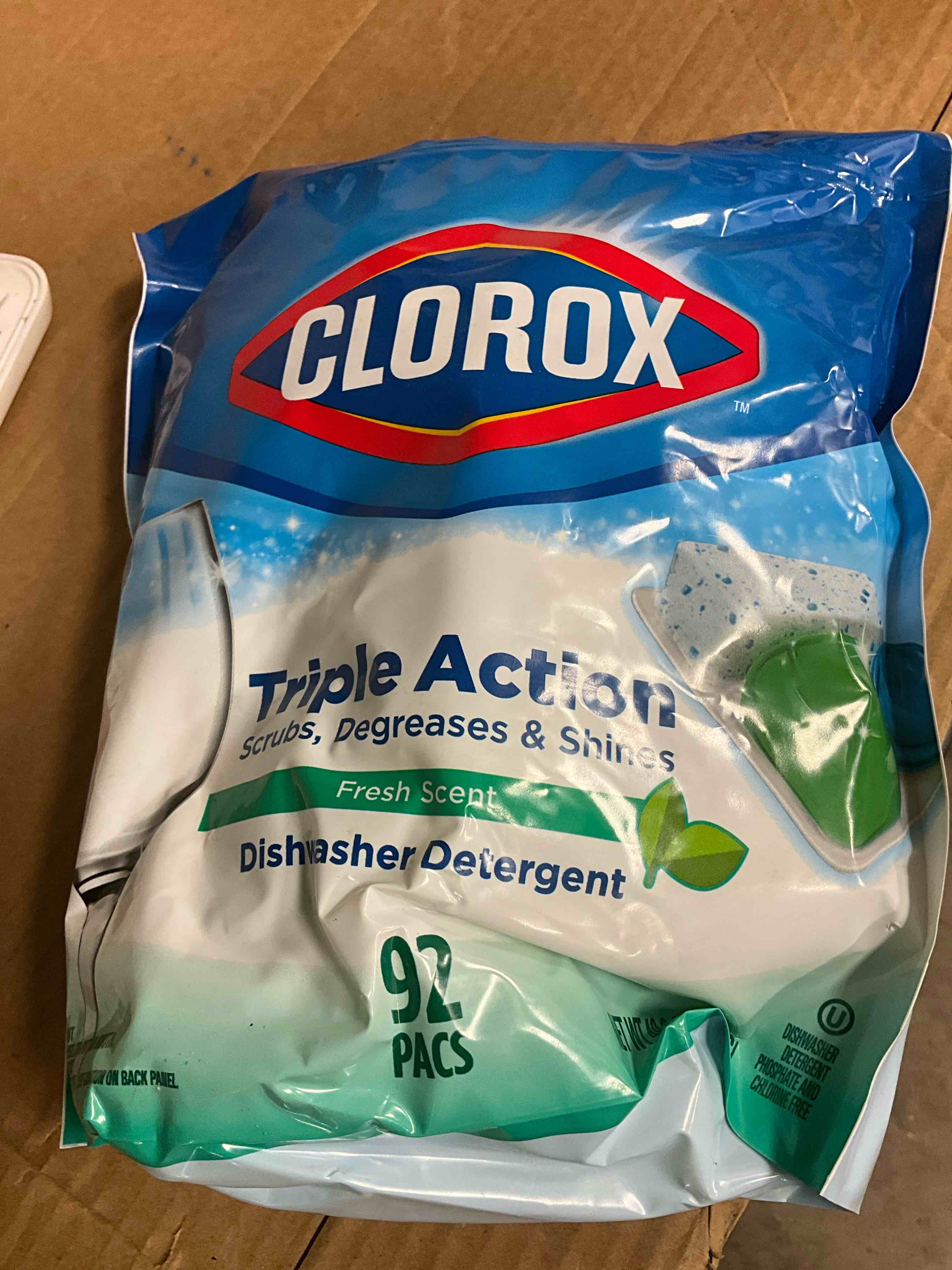 Condition photo showing New/Like New for clorox triple action dishwasher detergent pacs, 92 count dishwashing pacs, fresh scent