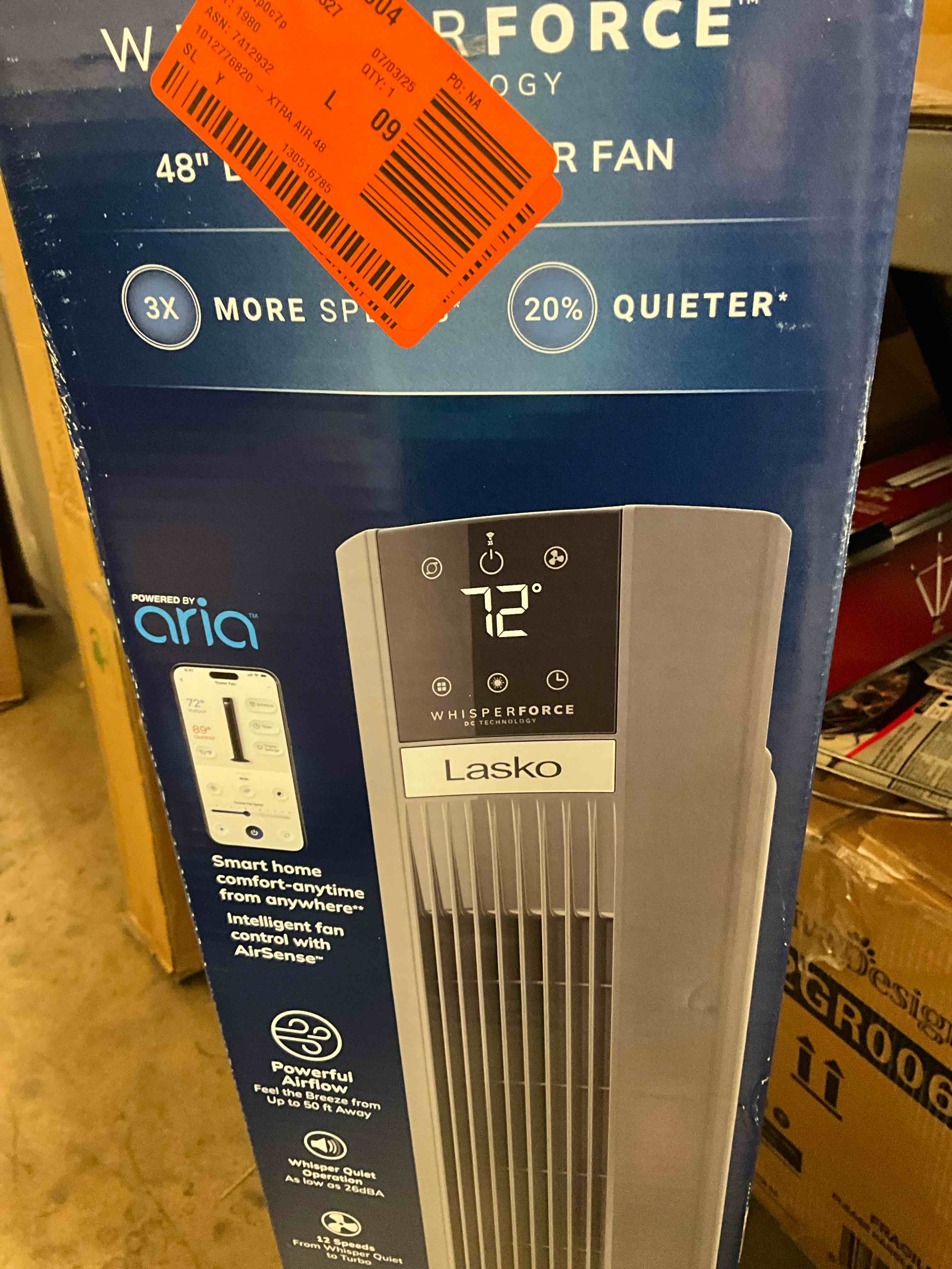 Condition photo showing New/Like New for working condition verified. xtra air 48 in. 12-speed smart tower fan in gray w/ dc motor, works w/ alexa, google, whisper quiet, remote, 12 in. dia