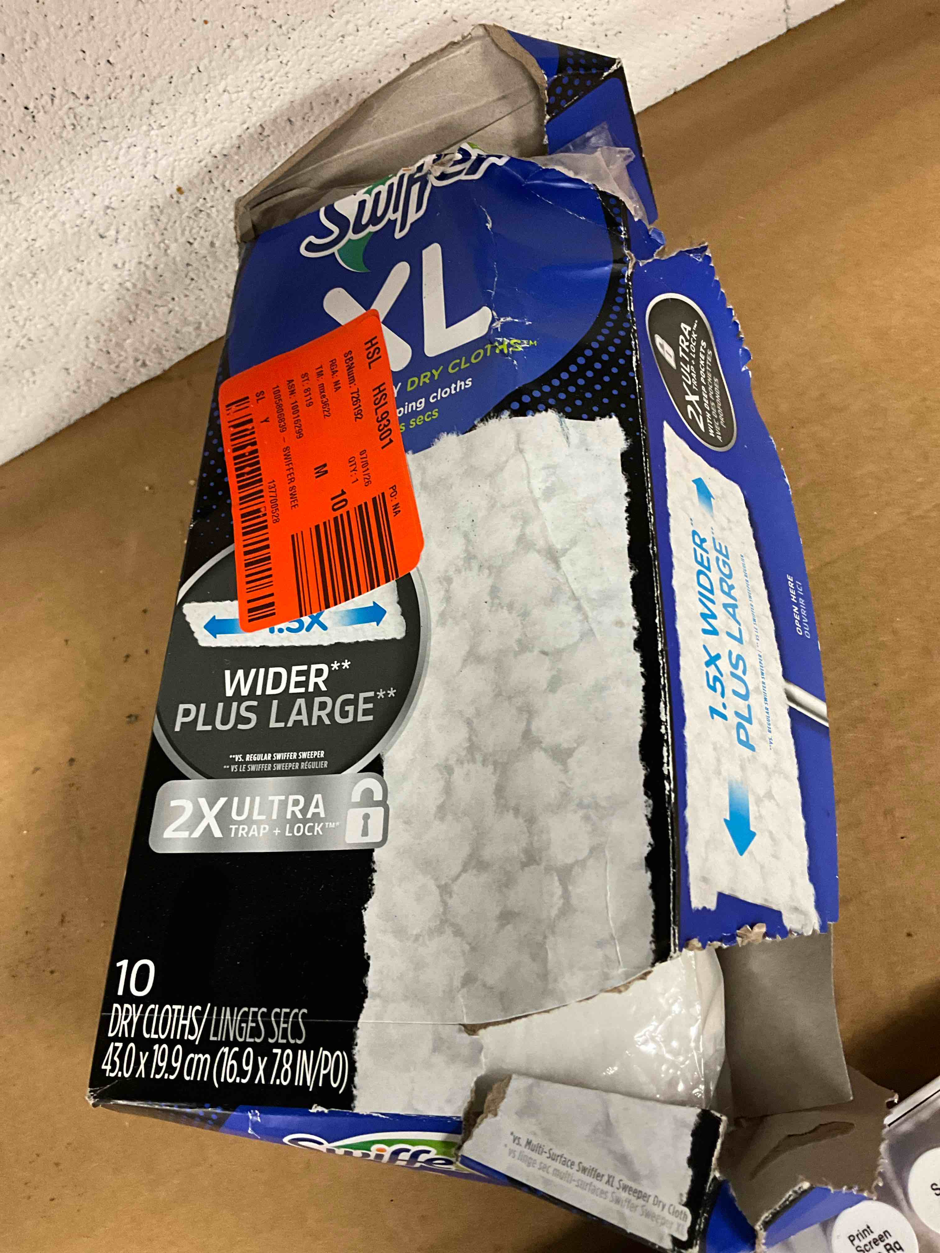 Condition photo showing New/Like New for packaging damaged, items inside sealed. swiffer® xl heavy duty dry sweeping cloths one size