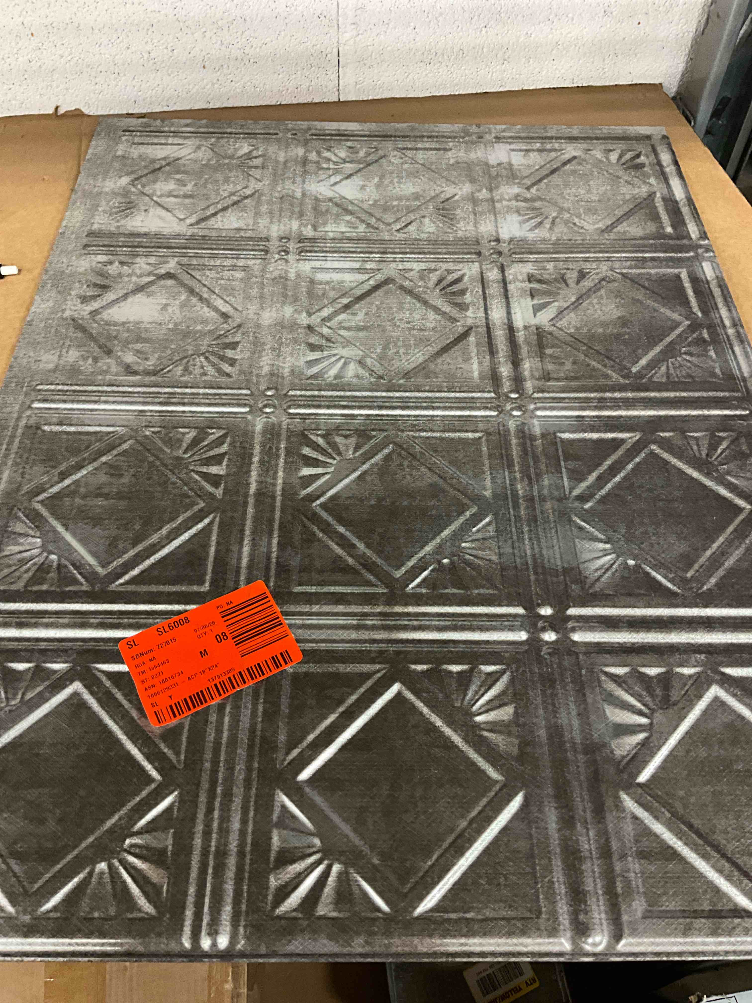 Condition photo showing New/Like New for 3 panels! 18.25 in. x 24.25 in. crosshatch silver traditional style # 4 pvc decorative backsplash panel