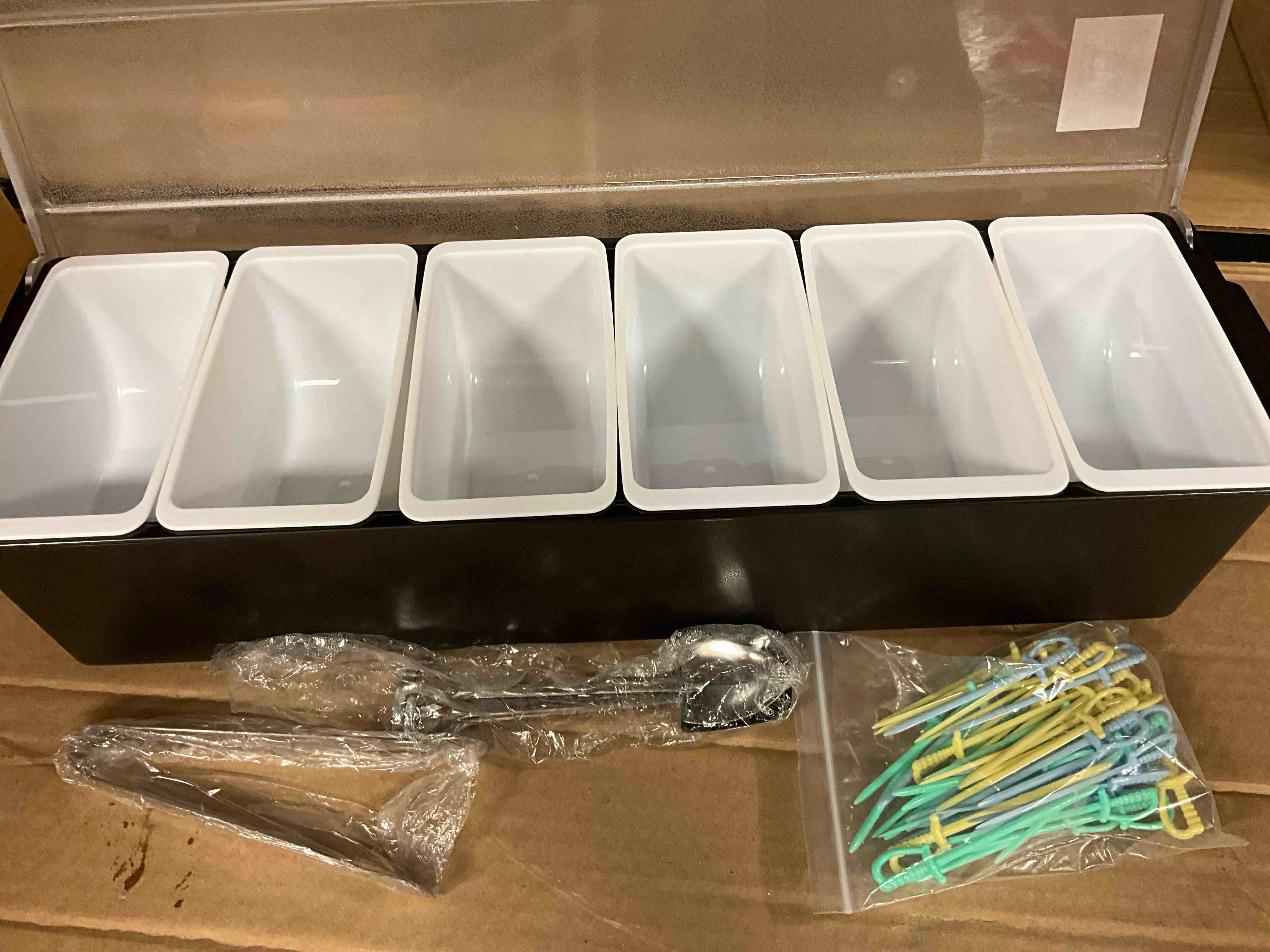 Condition photo showing New/Like New for chilled condiment server, 6-compartment ice cooled tray, garnish bar caddy with lid, for bartending, taco, salad, fruit