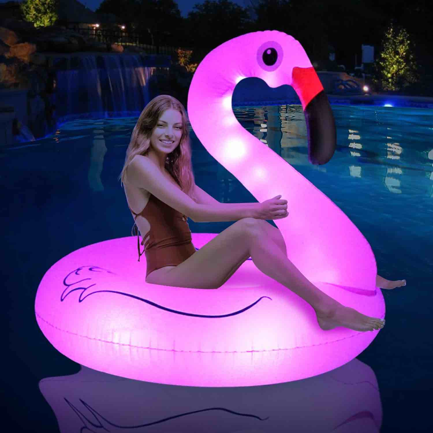 Inflatable Flamingo Pool Floats with Lights, FlyfreeU Solar Powered Flamingo Swim Tube Rings, 42'' Lake Beach Floaties Swimming Rings Summer Pool Raft Lounger for Adults Water Party Supplies