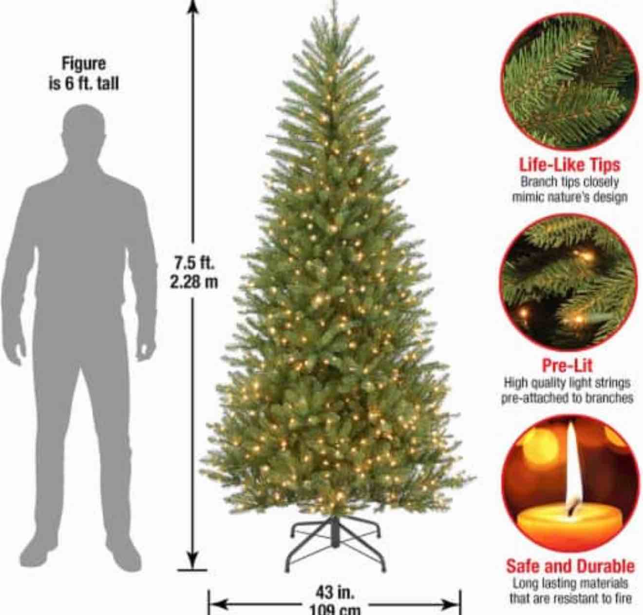 National Tree Company Pre-Lit Artificial Slim Christmas Tree, Green, Dunhill Fir, White Lights, Includes Stand, 7.5 Feet