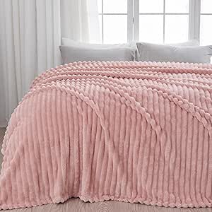Super Soft Blanket Pink Premium Silky Flannel Fleece 3D Ribbed Jacquard Lightweight Bed Blanket All Season Use 