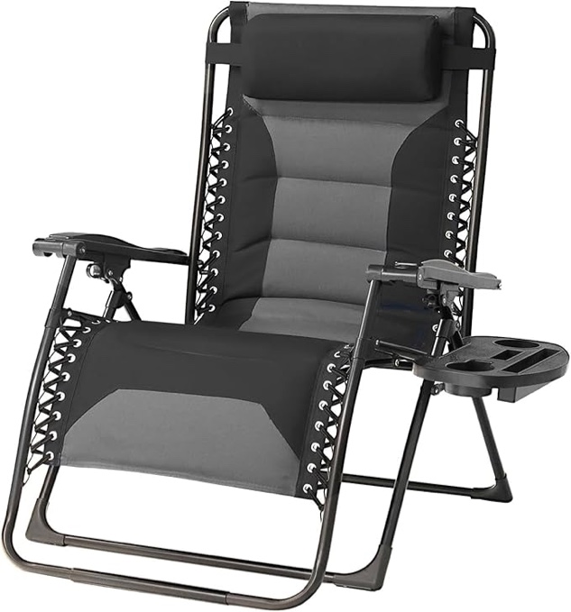 Zero Gravity Chair Oversized Padded Recliner with Adjustable Headrest & Cup Holder - XL 600D Oxford Folding Lounge Chair for Outdoor Camping, Patio, Poolside (Black & Gray)
