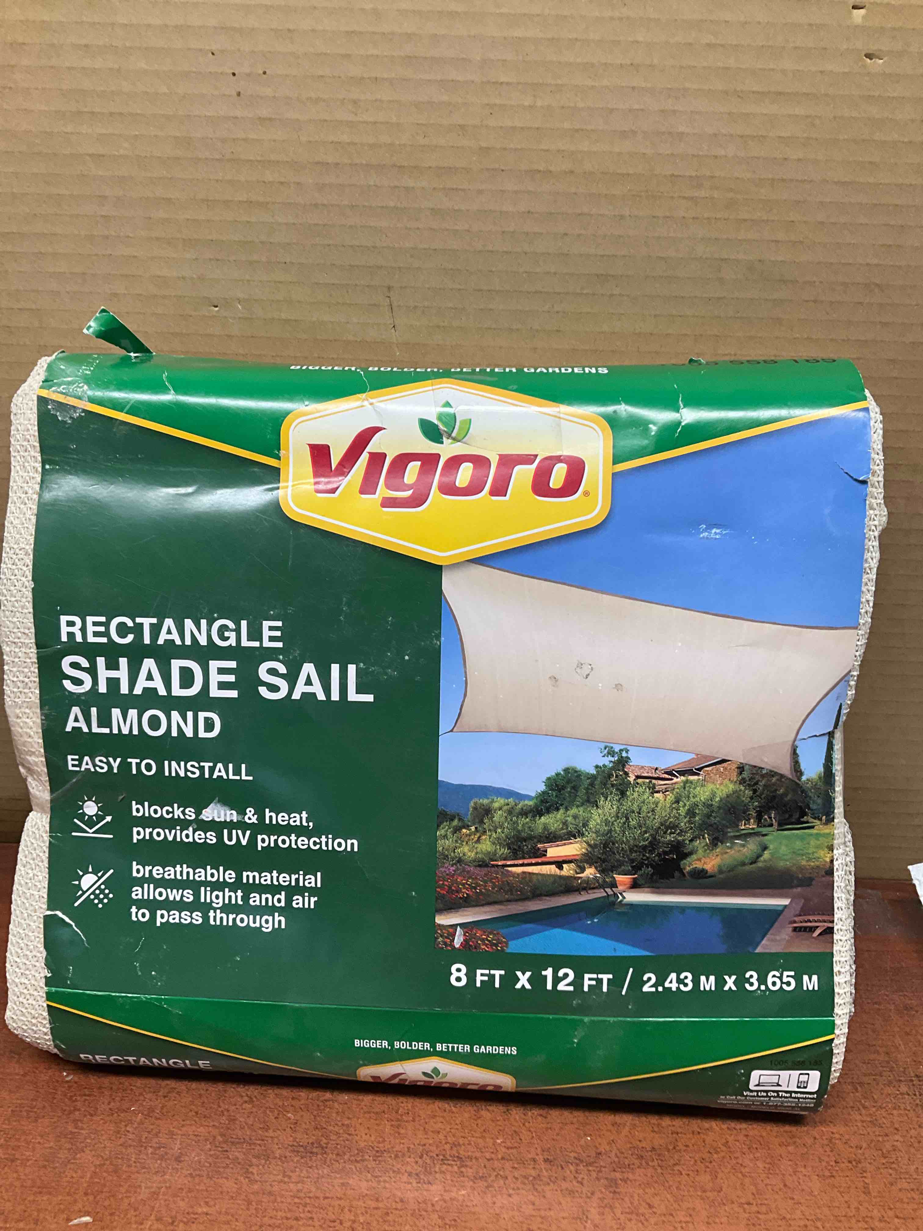 Vigoro rectangle shade sail almond 8‘ x 12‘ block, sun and heat provides UV protection breathable material allows, light, and air to pass through