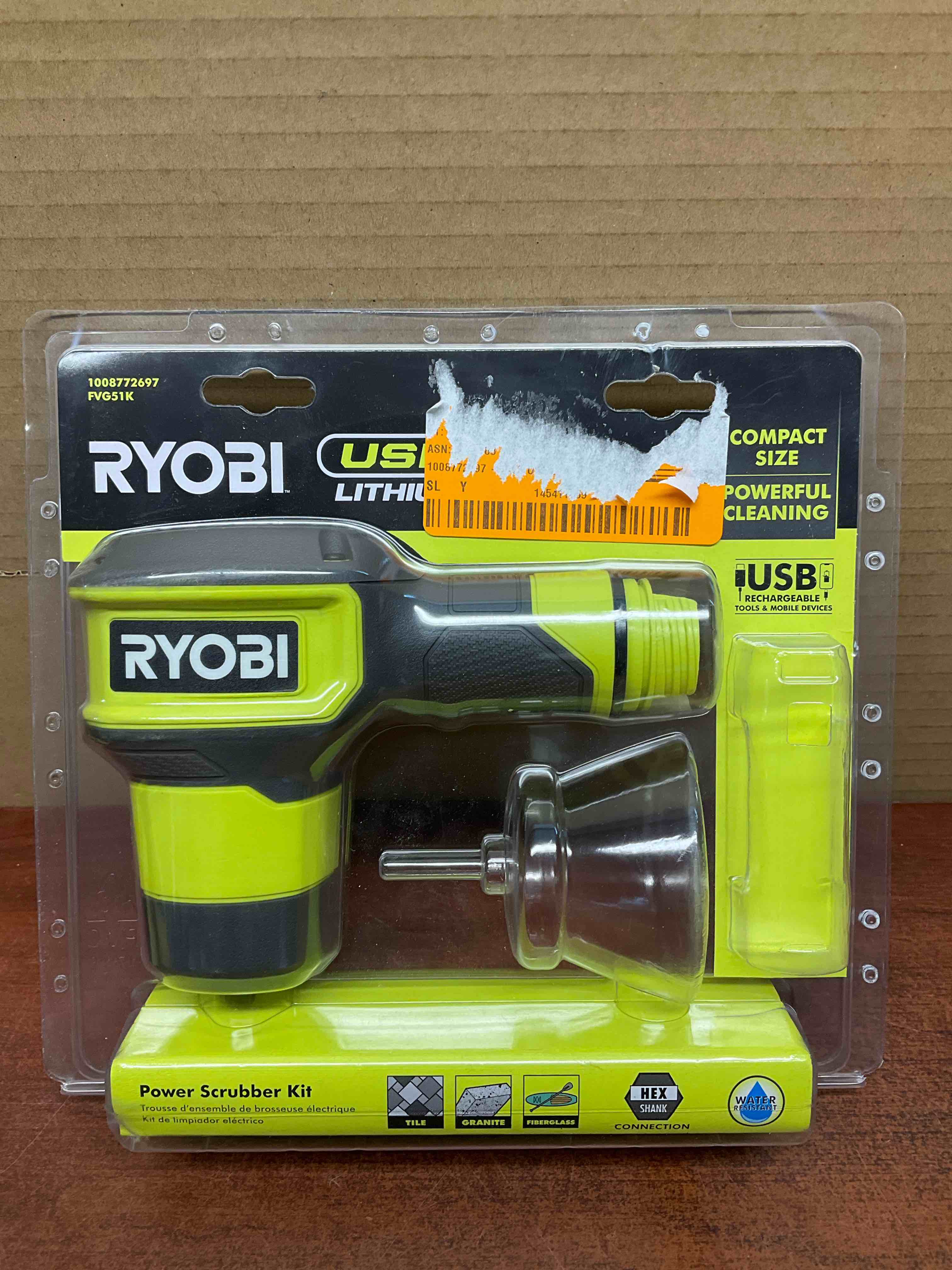 USB Lithium Compact Scrubber Kit with 2.0 Ah Battery** missing brush and battery cap please see pictures **, USB Charging Cord, and 2 in. Medium Bristle Brush