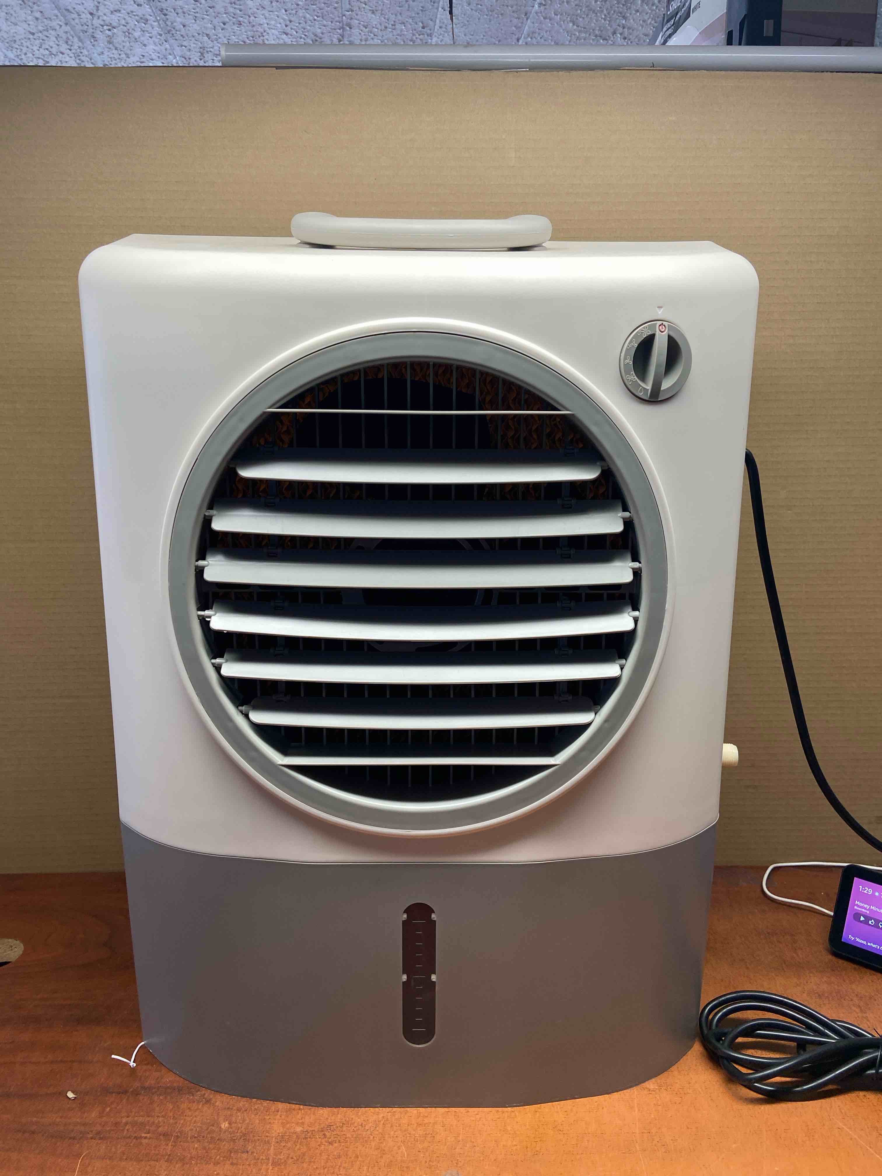 Hessaire MC18M Portable Evaporative Cooling Fan  Indoor/Outdoor Low Humidity Environments  1300 CFM  500 sq. ft.  2-Speed Fan  53.4 dB  White