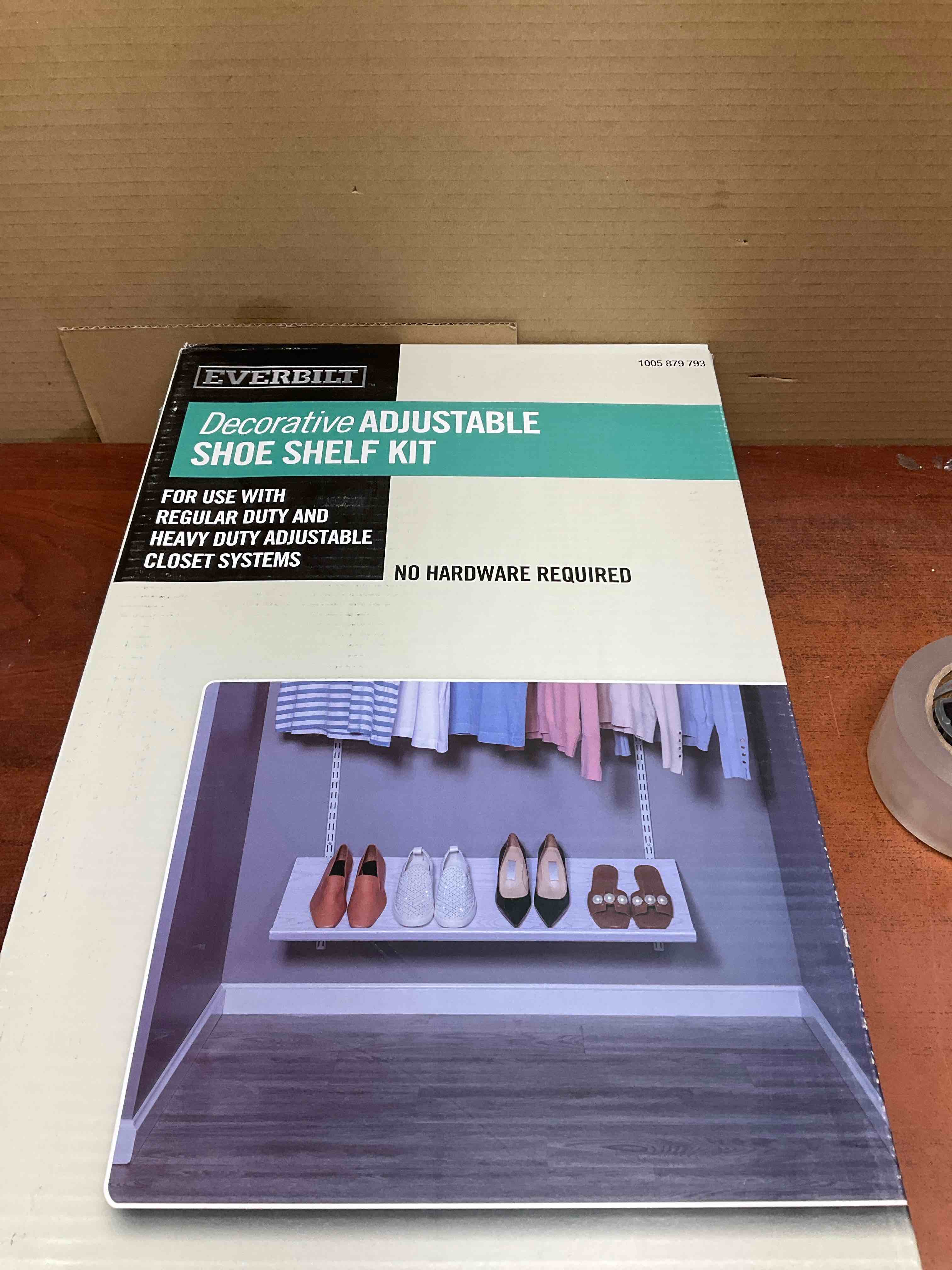 adjustable Shoe shelf kit for use with regular duty closet system 