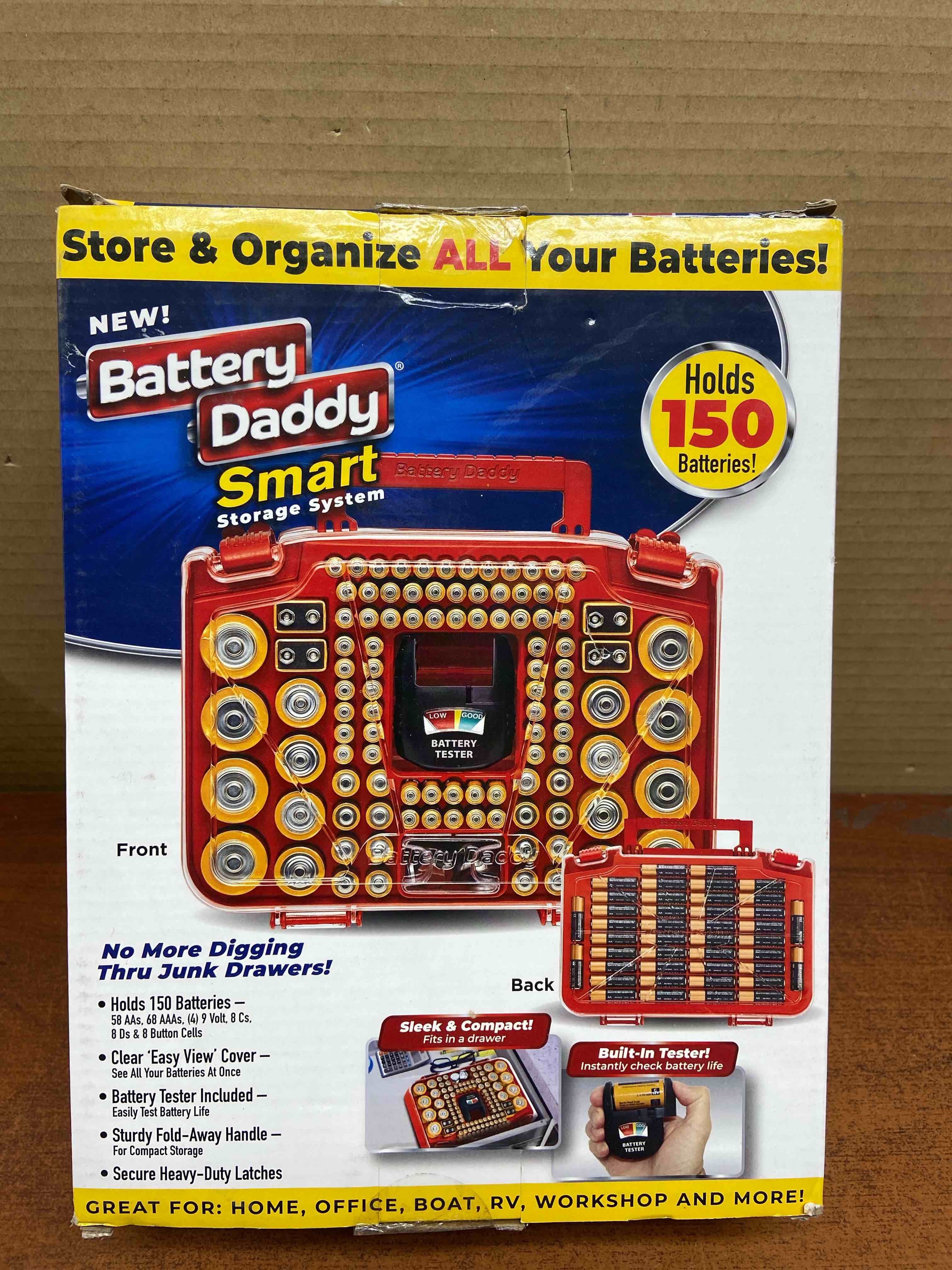 ontel battery daddy smart  battery storage system with built in battery tester to hold various sizes batteries