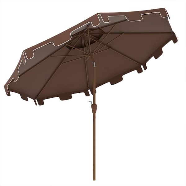 Brown 9 ft. Market Patio Umbrella with Push Button Tilt and Crank, Double Top Ruffled Market Table Umbrella with 8 Ribs
