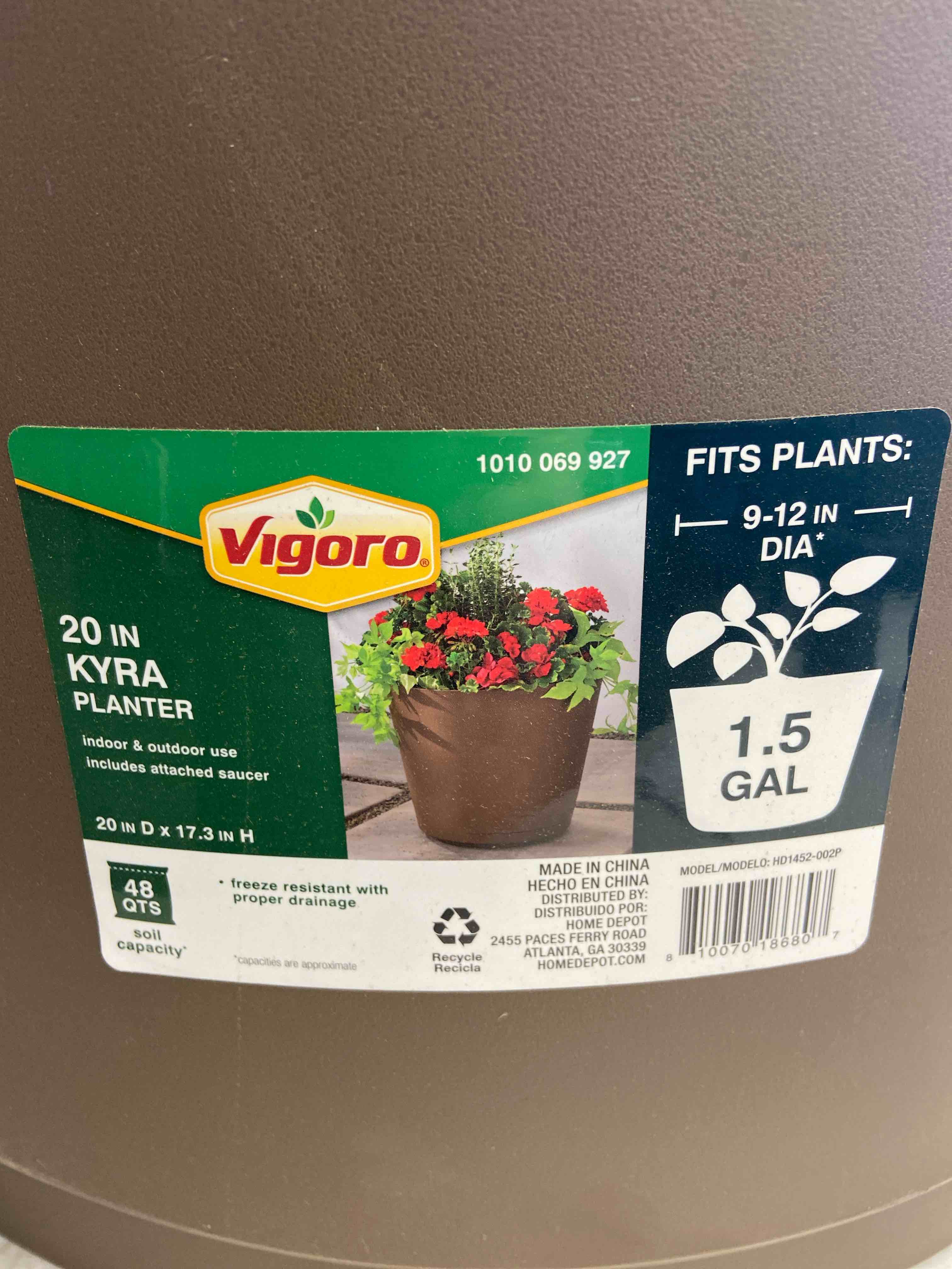 Condition photo showing New/Like New for 20 in. kyra large chocolate resin planter (20 in. d x 17.3 in. h) with attached saucer