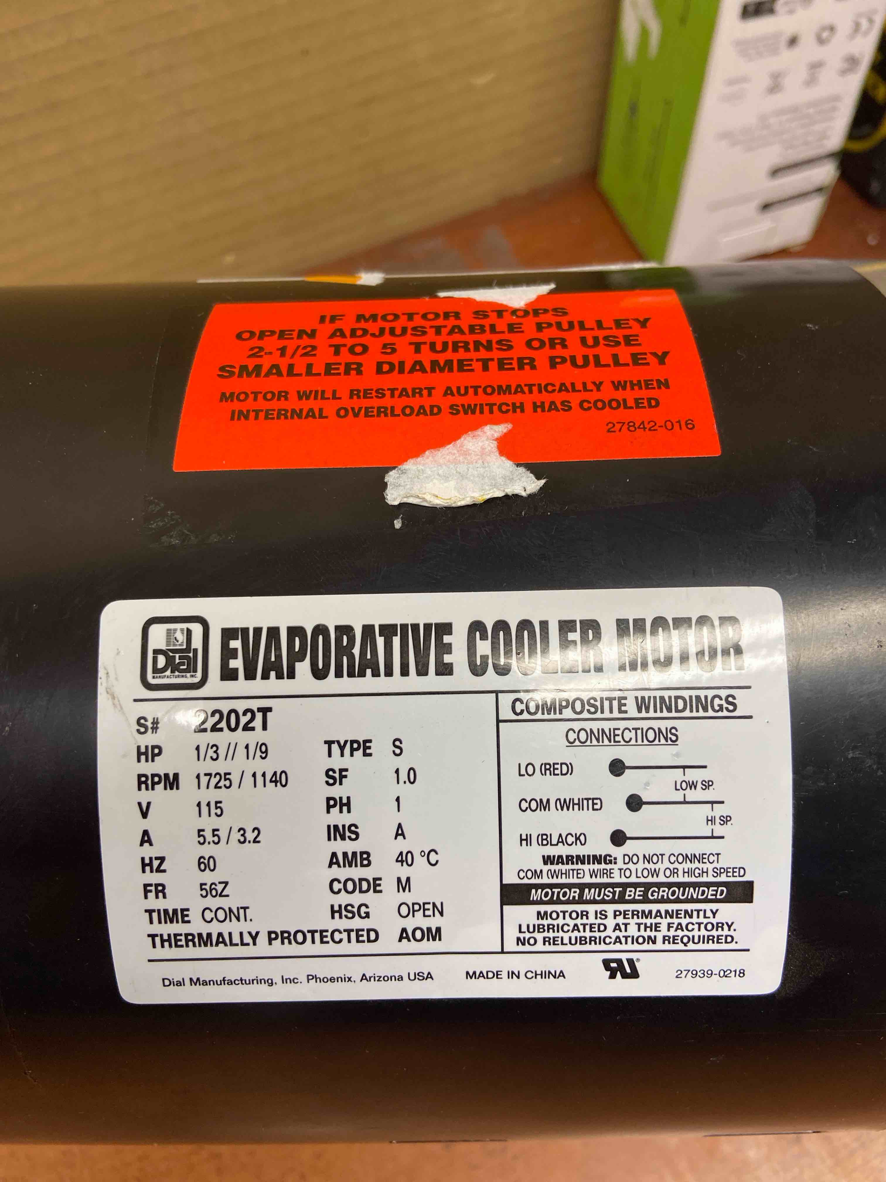 Condition photo showing New/Like New for dial-2202 1/3 hp evaporator motor 