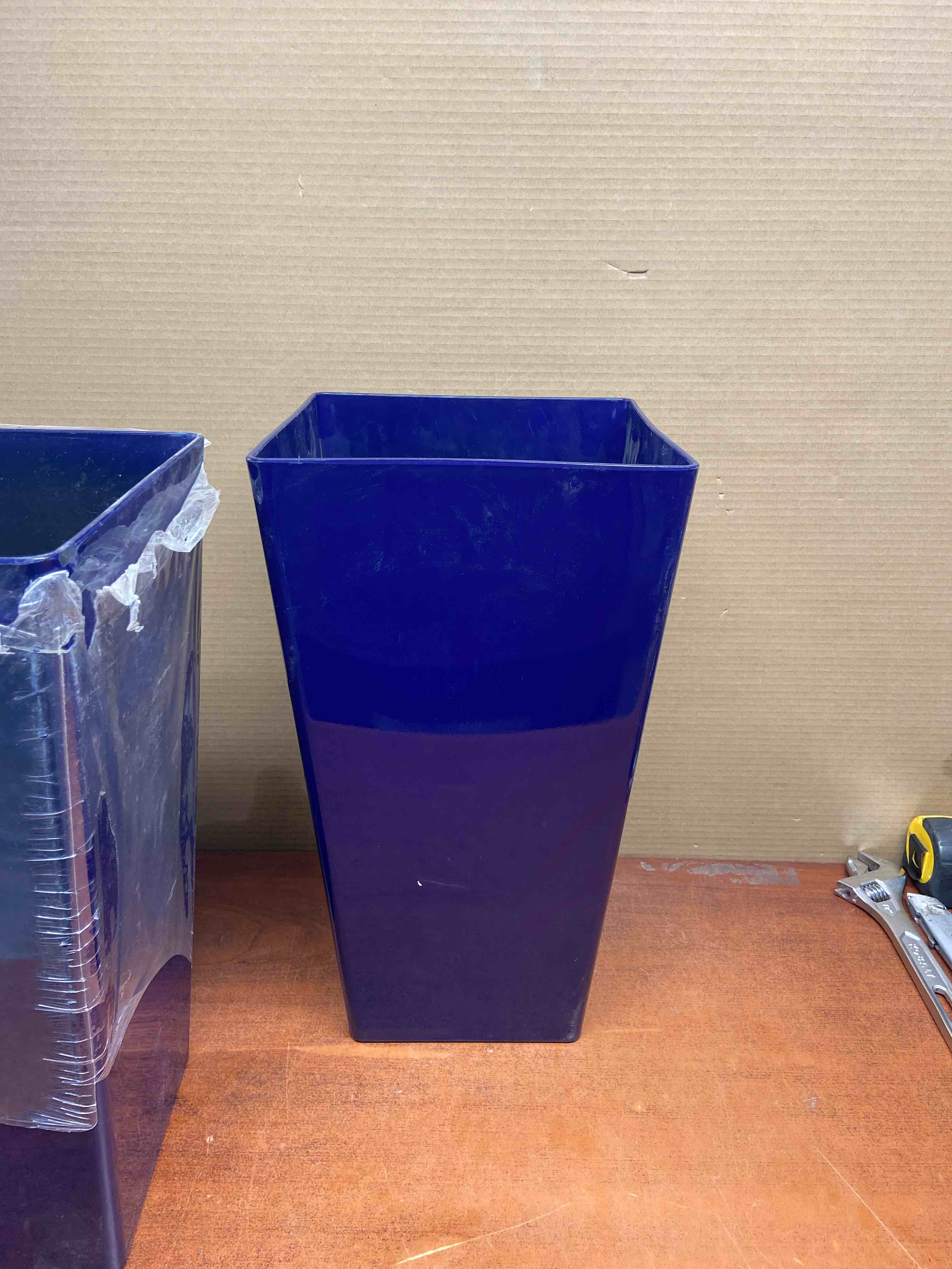 Condition photo showing New/Like New for 11.5 in. harmony medium cobalt blue plastic square planter (11.5 in. l x 11.5 in. w x 20 in. h)