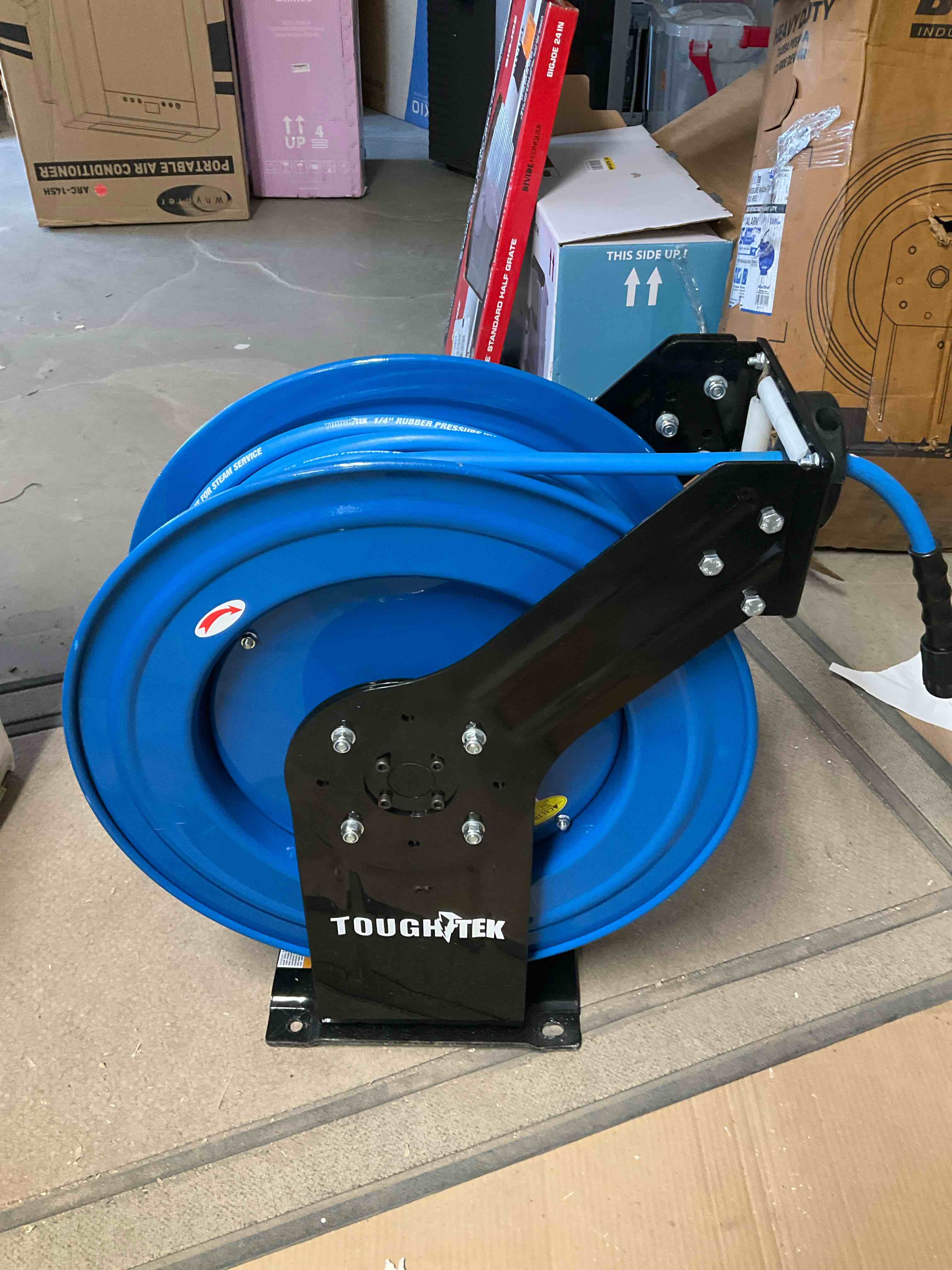 Condition photo showing Good Condition for toughtek 1/4" x 100 rubber pressure washing hose reel (single arm - heavy duty) with 6' lead-in-hose