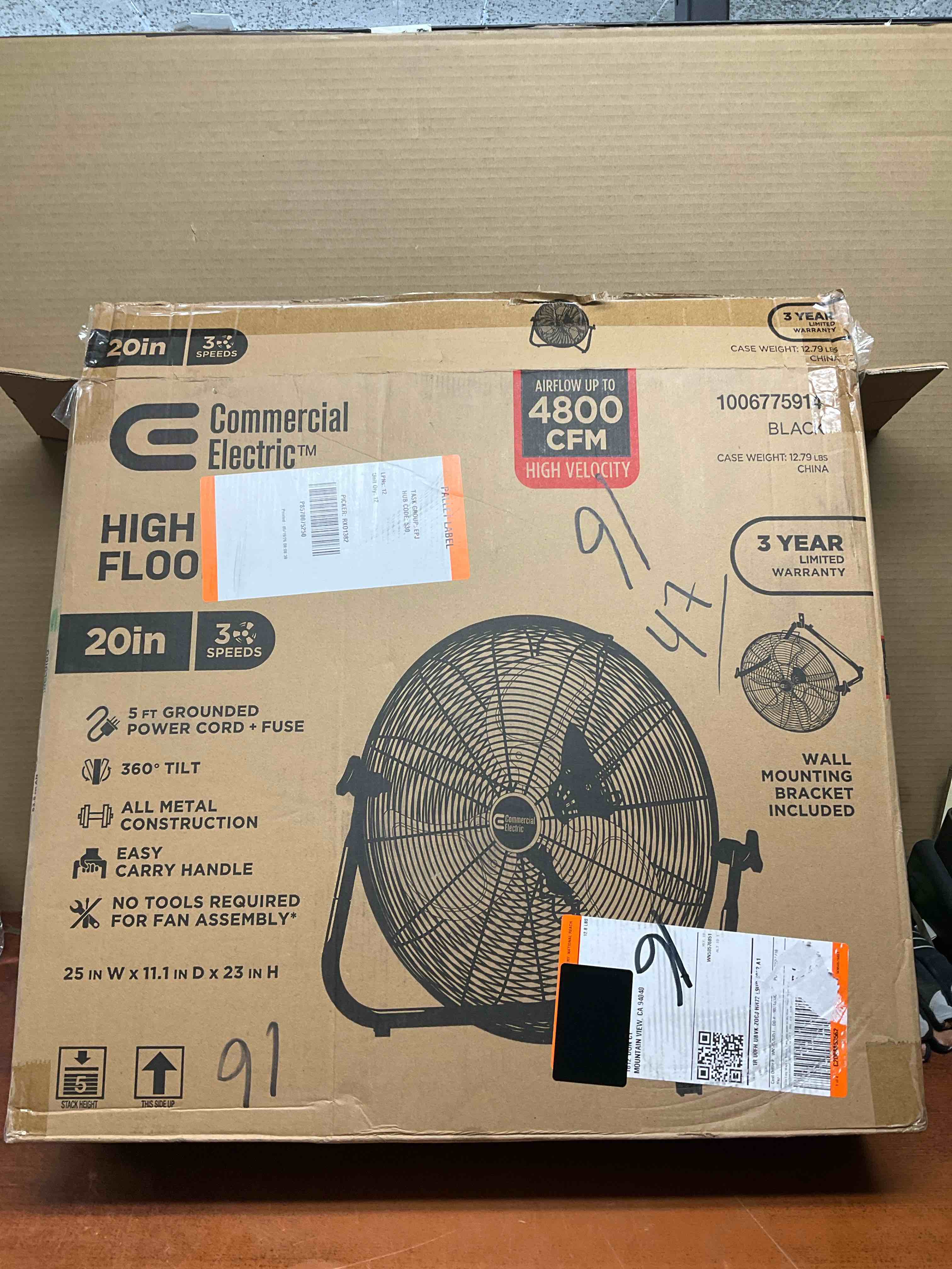 Condition photo showing New/Like New for 20 in. 3-speed high velocity floor fan