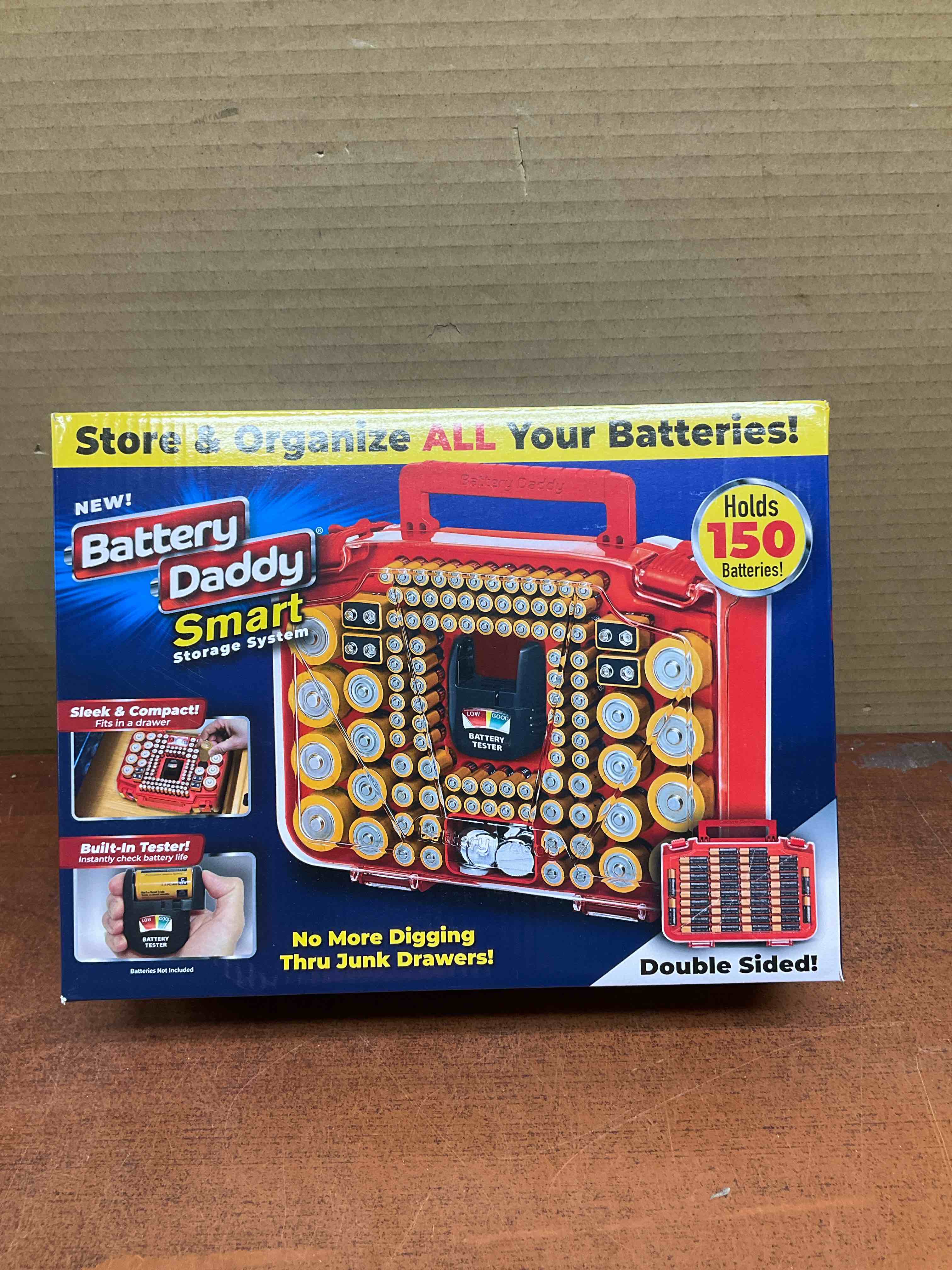 ontel battery daddy smart battery storage system with built in battery tester to hold various sizes batteries