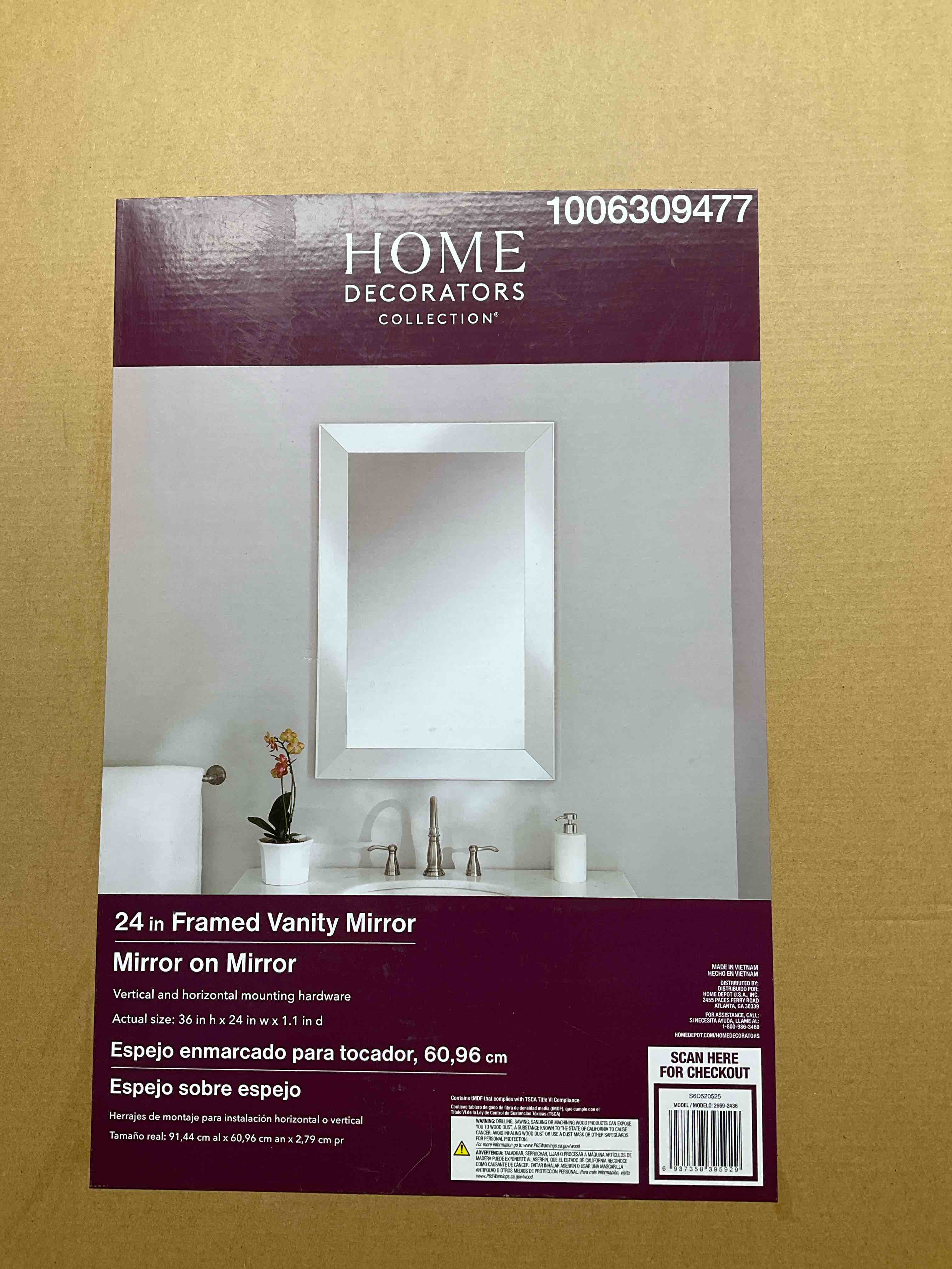 Condition photo showing New/Like New for 24 in. w x 36 in. h rectangular plastic framed wall bathroom vanity mirror in silver (screws not included)