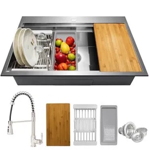 AKDY Handmade All-in-One Topmount Stainless Steel 33 in. x 22 in. Single Bowl Kitchen Sink w/ Spring Neck Faucet  Accessory