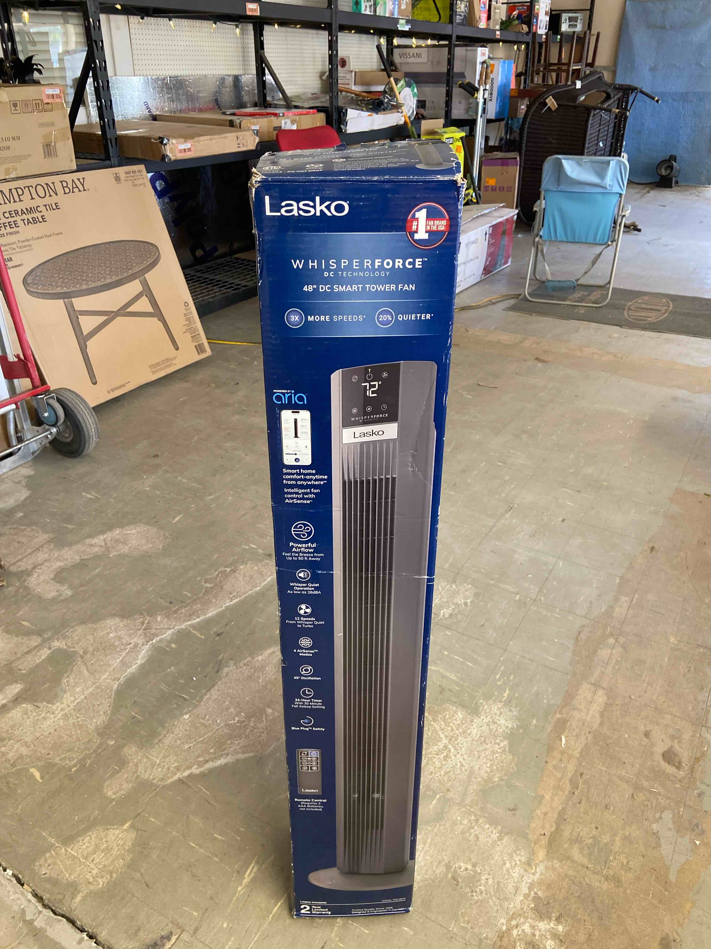 Xtra Air 48 in. 12-Speed Smart Tower Fan in Gray w/ DC Motor, Works w/ Alexa, Google, Whisper Quiet, Remote, 12 in. Dia