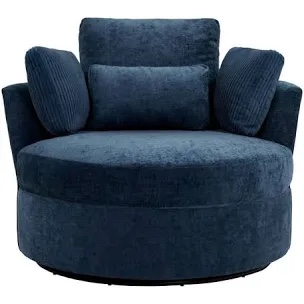 Navy Blue Cotton Upholstered 360° Swivel Accent Barrel Chair with Corduroy Pillows (Set of 1)