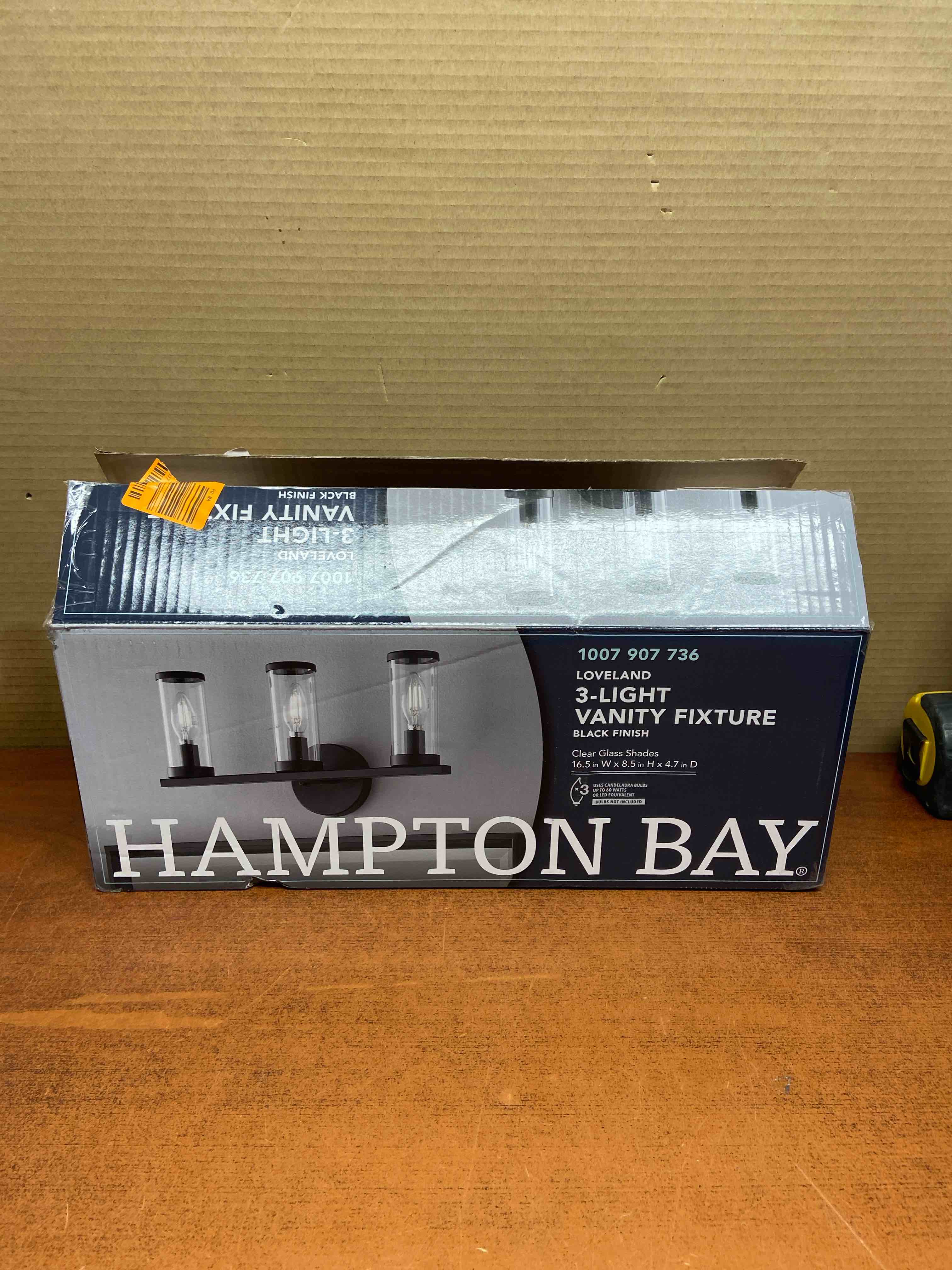 Hampton Bay Loveland ** missing wall piece & glass piece needs to be reattached **16.625 in. 3-Light Black Bathroom Vanity Light Fixture with Clear Glass Shades