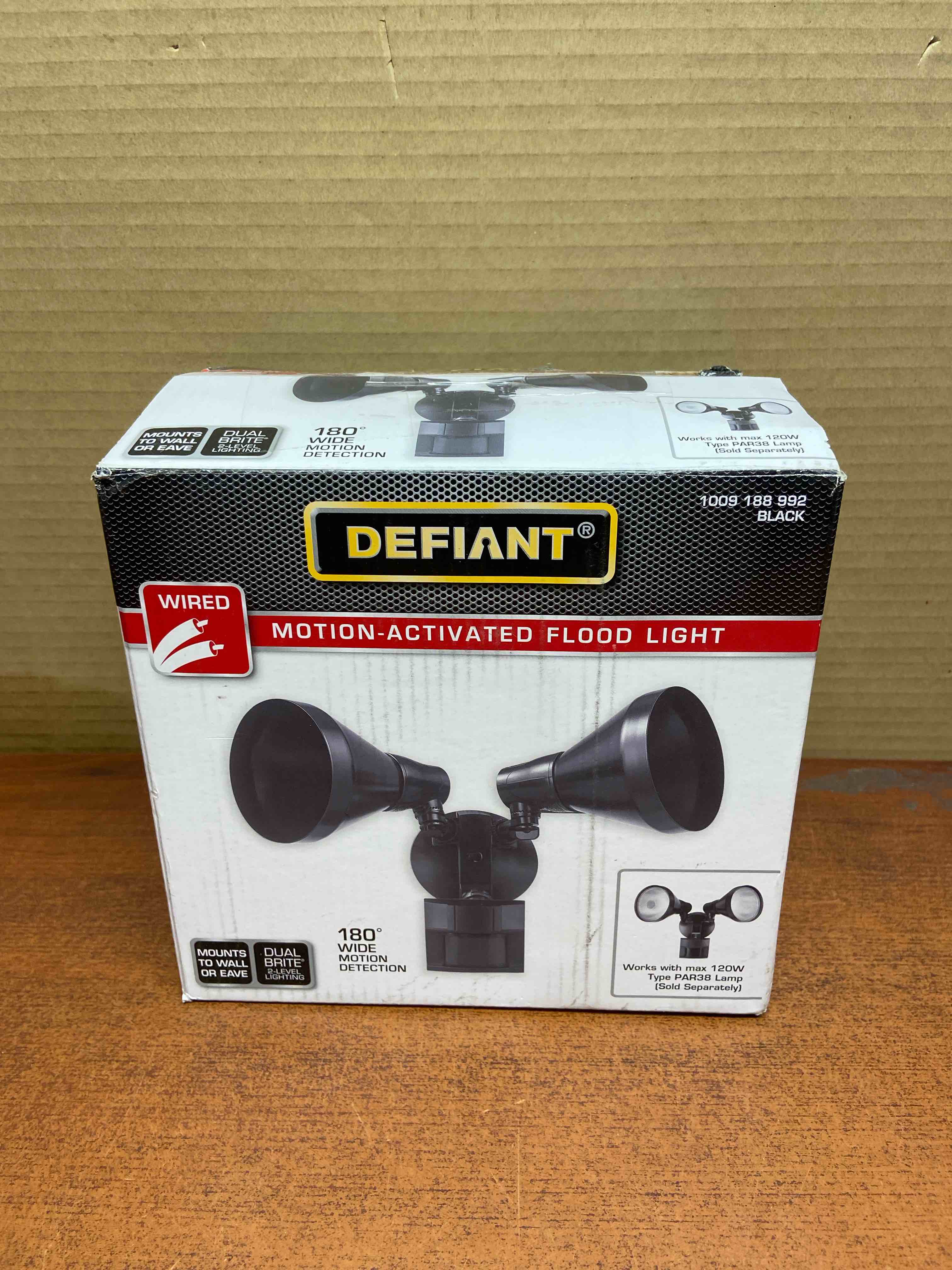 Defiant PAR 180-Degree Black Motion Activated Wired Outdoor 2-Head Dusk-to-Dawn Security Flood Light
