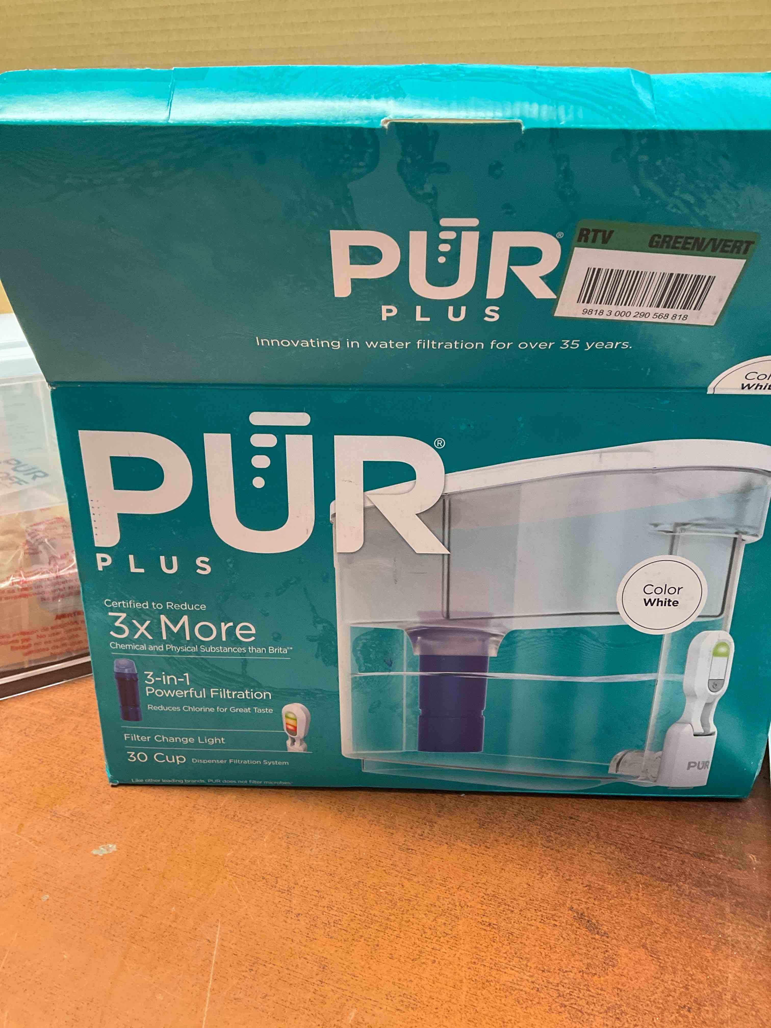 PUR PLUS 30-Cup Water Filter Dispenser System  White/Blue  DS1810ZA*** Lid is cracked on one side **