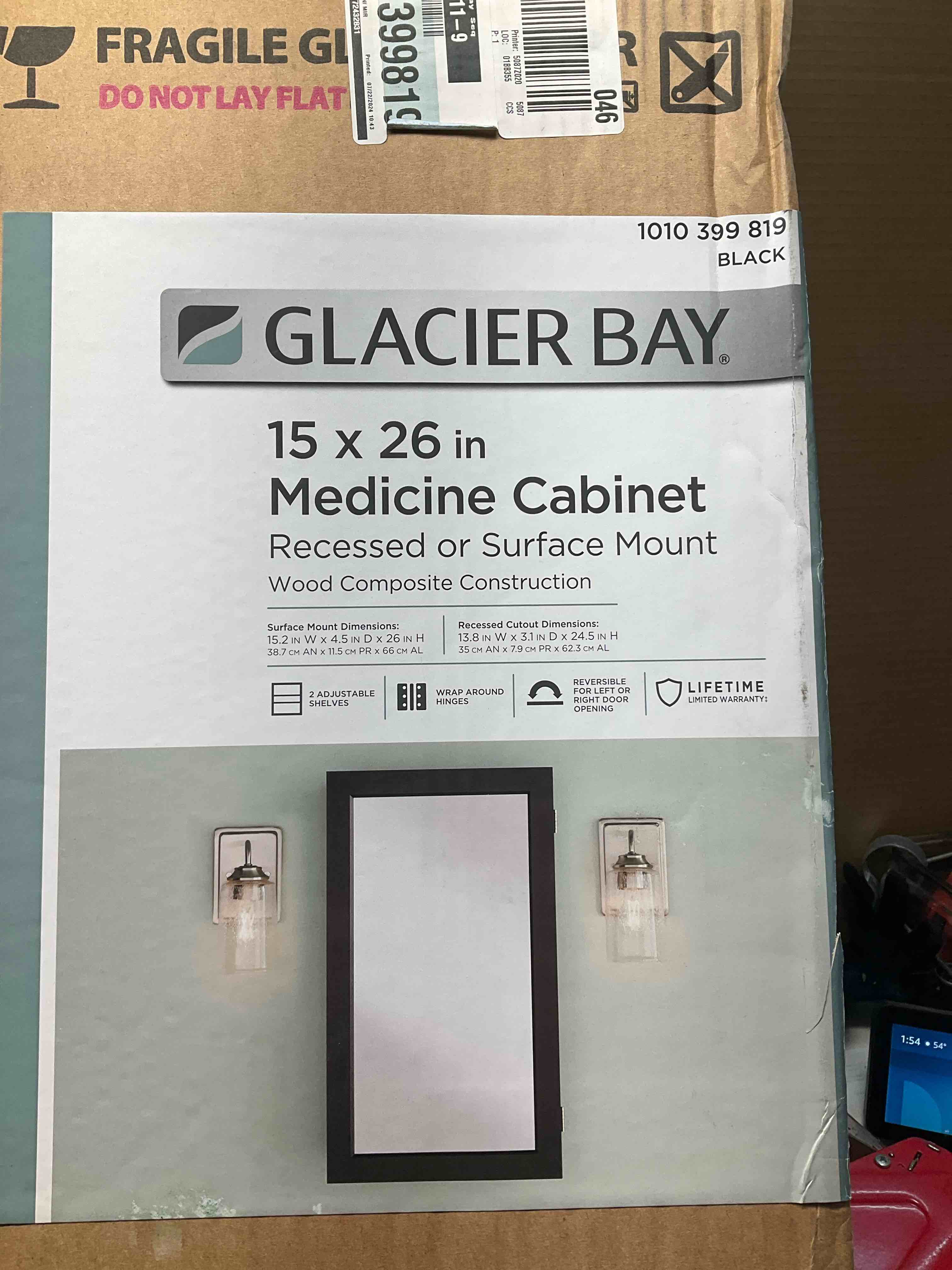 Glacier bay 15”x26” medicine cabinet recessed or surface mount. black 