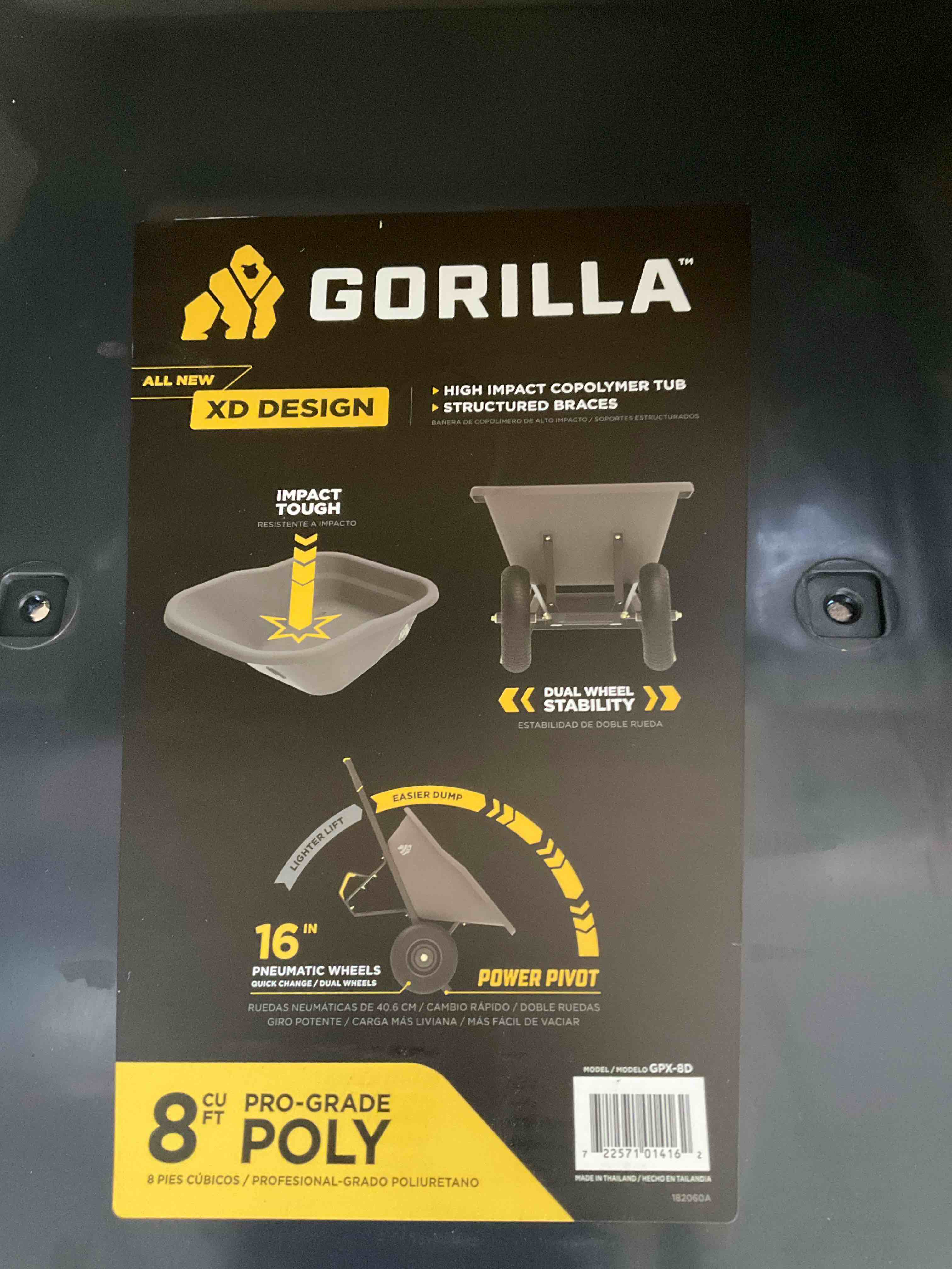 gorilla pro grade poly dual wheel wheelbarrow 8cu ft with power pivot