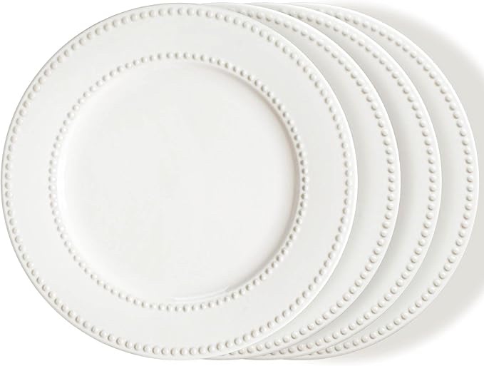 Dinner Plates Set of 4, 10.5 inch White Ceramic Plates, Embossed Salad Plates, Serving Plates for Steak Appetizer, Reusable Kitchen Dining Plates for Restaurant, Dishwasher Microwave Safe