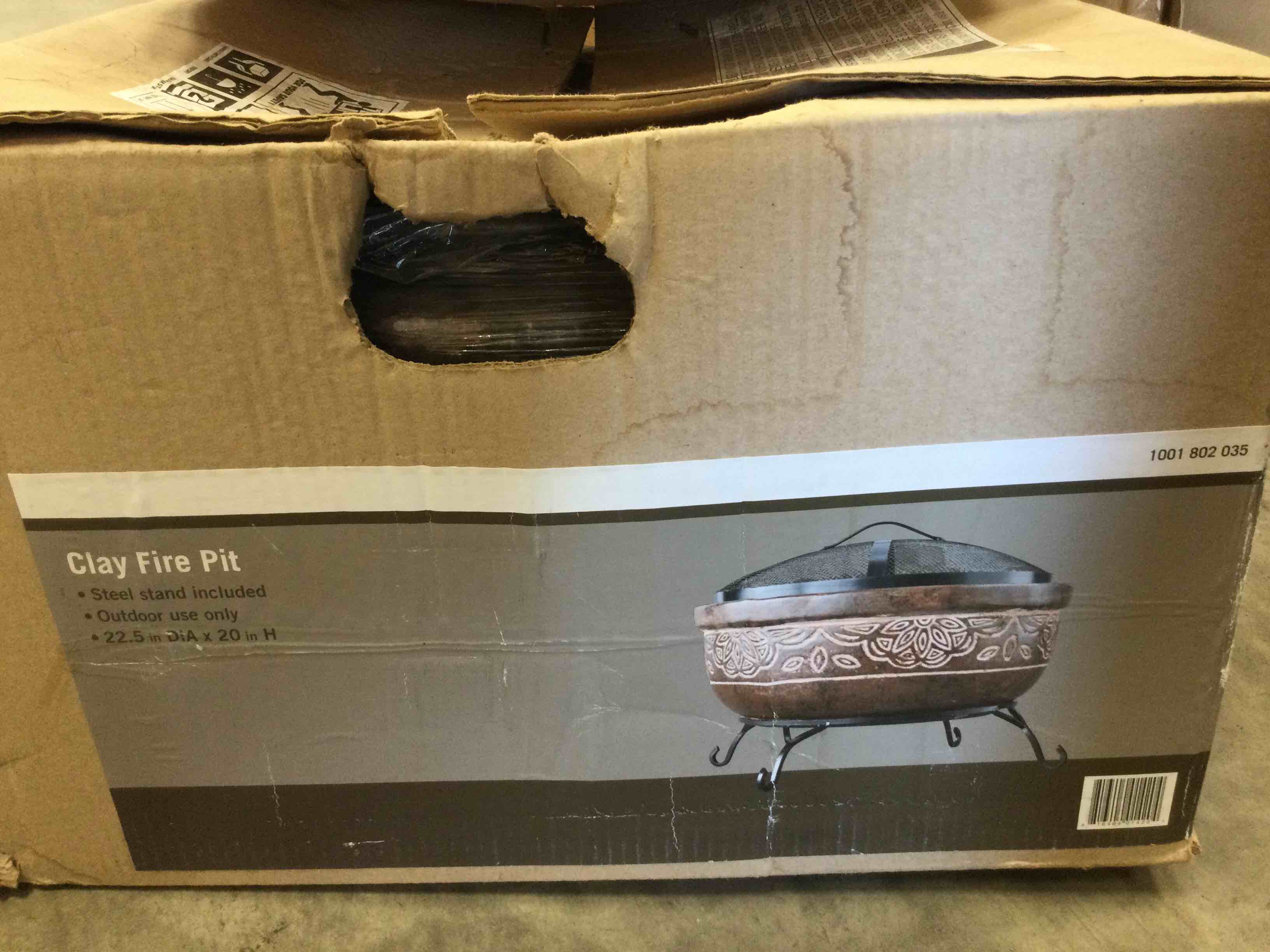(brand new but box is in poor condition see photos) 20 In. Handcrafted Clay Fire Pit With Scroll Design And Iron Stand