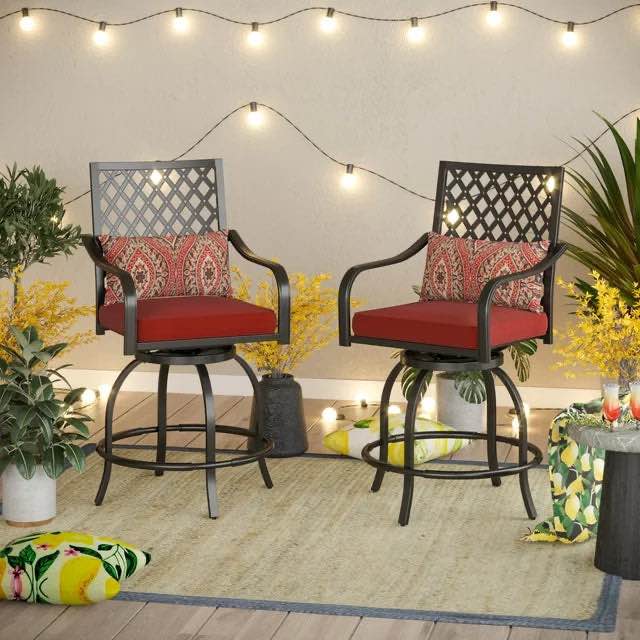 MF Studio 2PCS Patio Dining Chairs Outdoor Furniture Extra Wide Height Swivel Bar Stools Suitable for Patio, Garden, Porch and Dining Room with Red Cushion