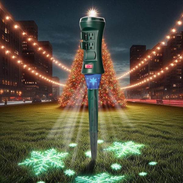 Smart Outdoor 4 ft. 6-Outlet Power Stake Timer with Holiday Lights Projector Powered by Hubspace