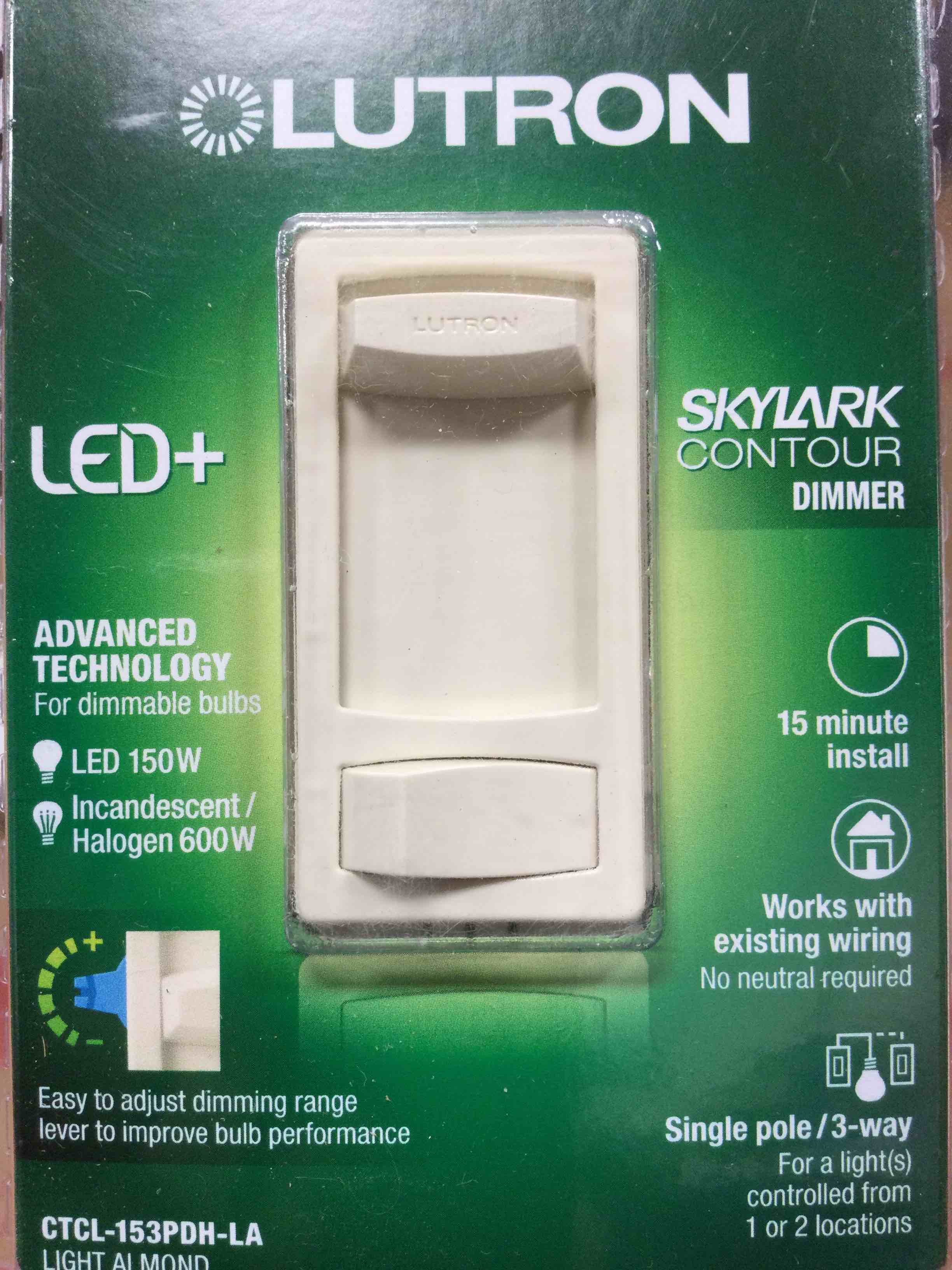 Lutron Skylark Contour 150-Watt Single Pole 3-Way CFL LED Dimmer - Light Almond CTCL-153PDH-LA