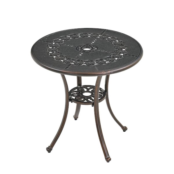Round Cast Aluminum Outdoor Dining Table in Brown with Umbrella Hole, Durable, and Waterproof