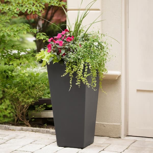 Tierra Verde Sonata Medium Black Rubber Recycled Self-Watering Tall Square Planter Set (14 in. L x 14 in. W x 27.5 in. H)